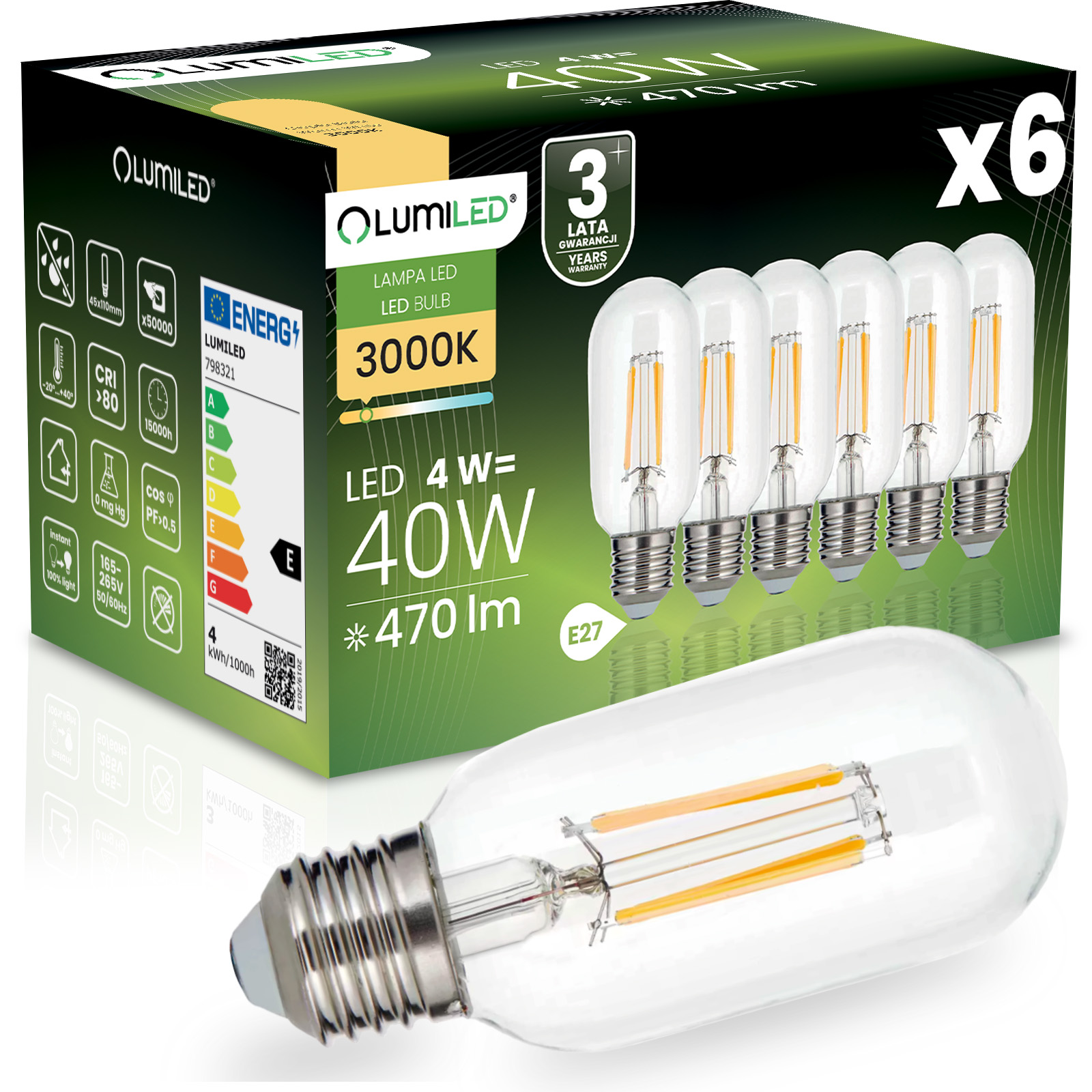 6x Żarówka LED E27 T45 FILAMENT 4W = 40W 470LM 3000K Ciepła 360° Ozdobna LUMILED - główne zdjęcie produktu