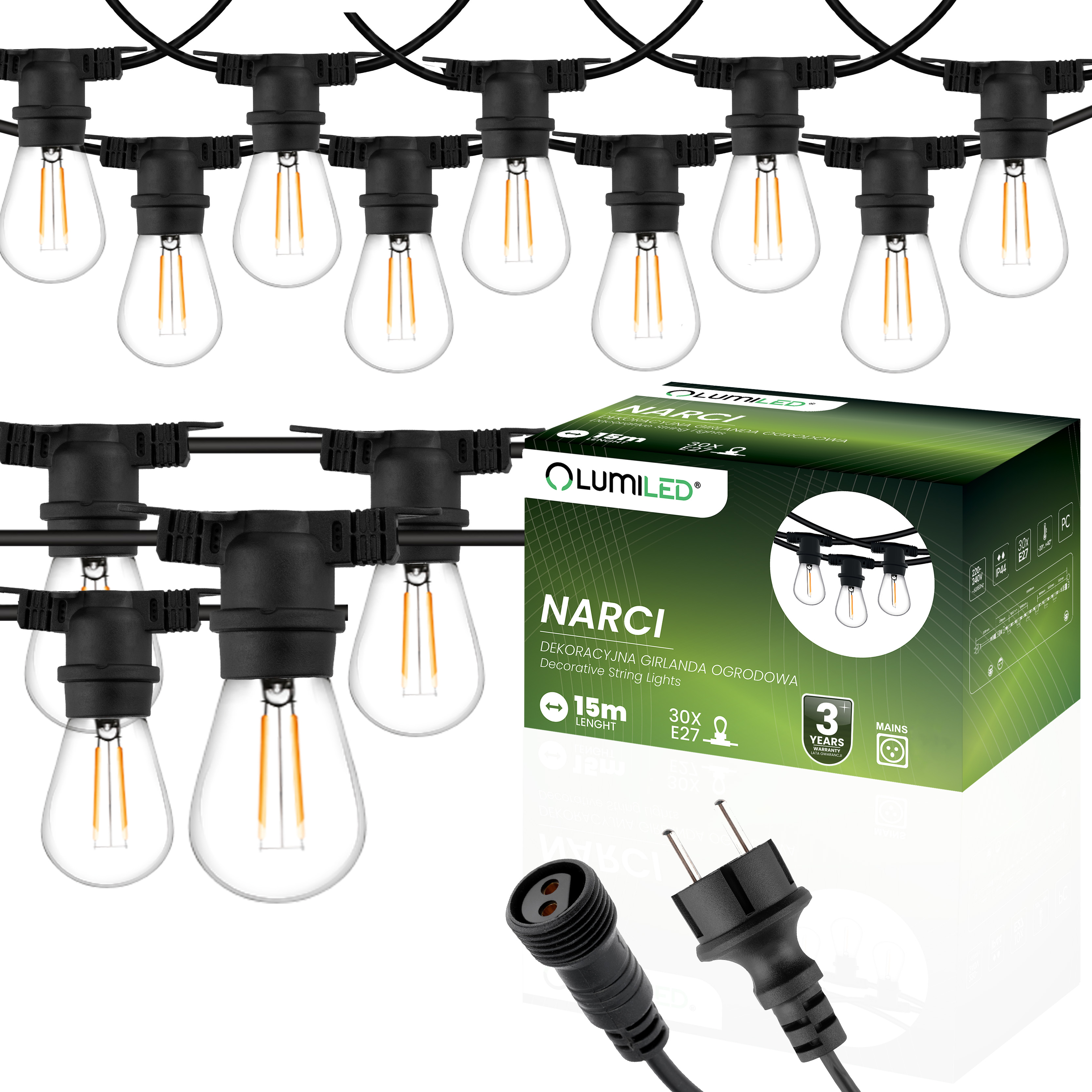 Girlanda Ogrodowa Zewnętrzna Łańcuch Świetlny 15m 30x E27 Żarówki 2W 3000K NARCI Lumiled - główne zdjęcie produktu