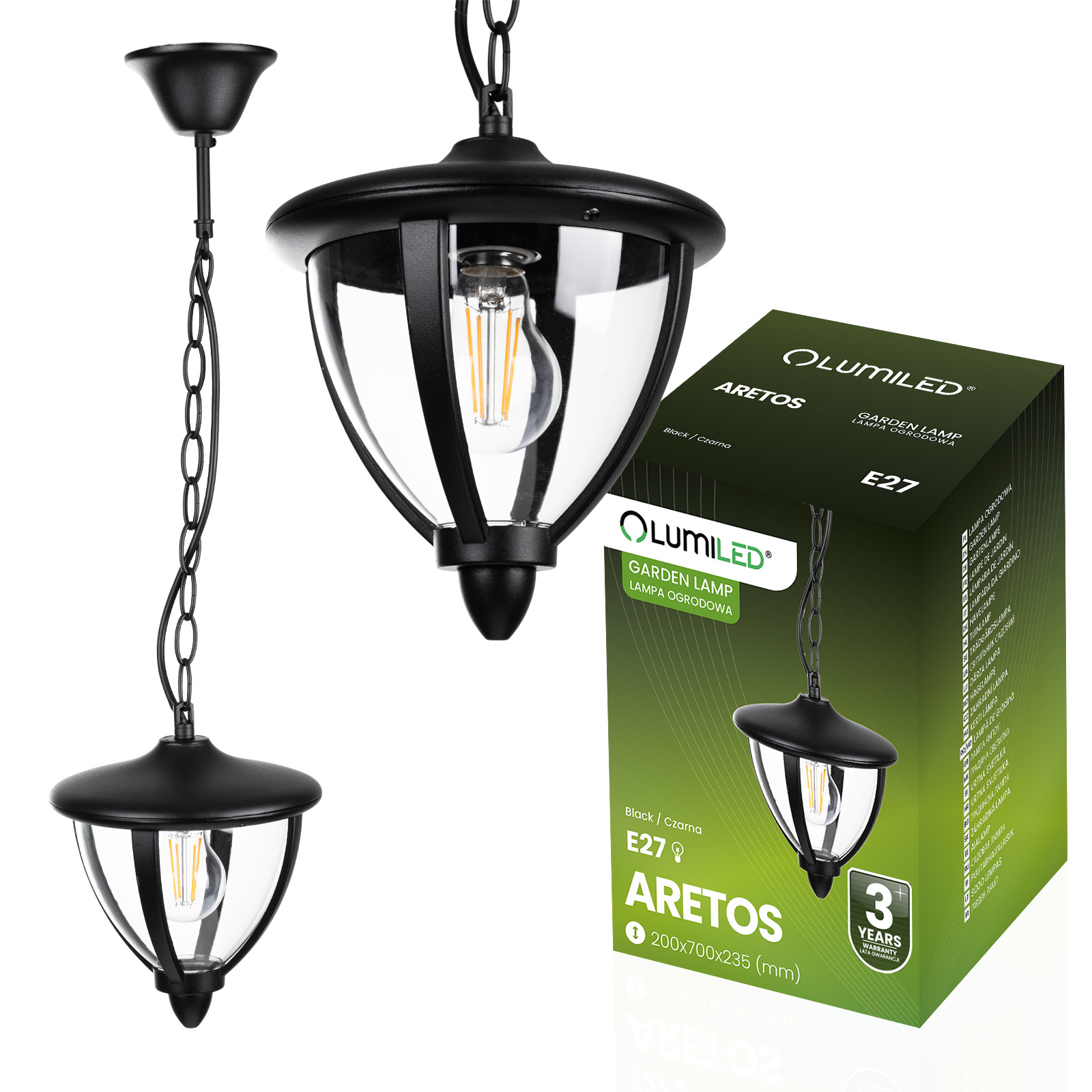 Lampa Ogrodowa Wisząca E27 LED Latarnia ARETOS LUMILED - główne zdjęcie produktu