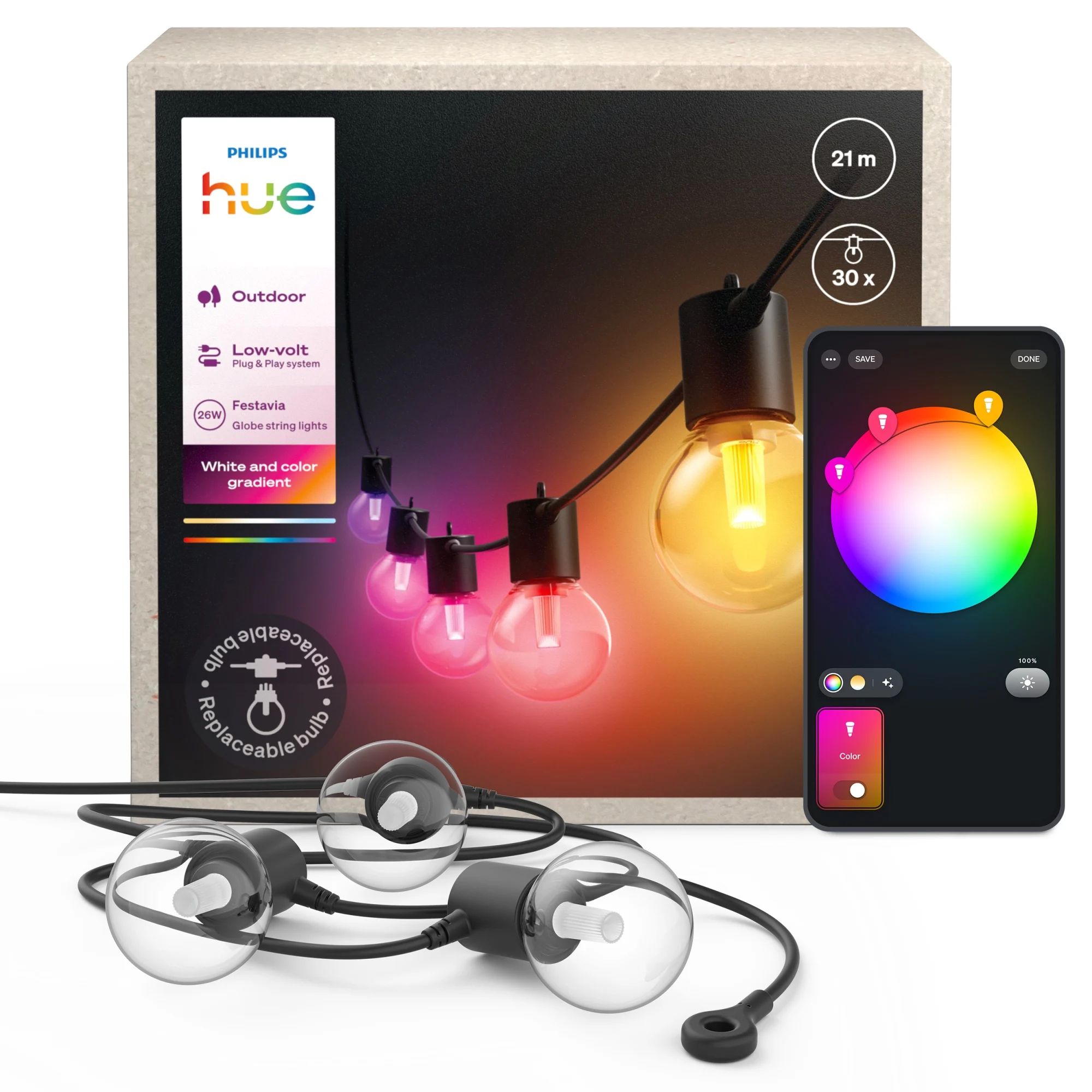Girlanda Ogrodowa Zewnętrzna 21m IP65 30LED RGB SMART Inteligentna Bluetooth ZigBee White and Color Ambiance Festavia Philips HUE - główne zdjęcie produktu