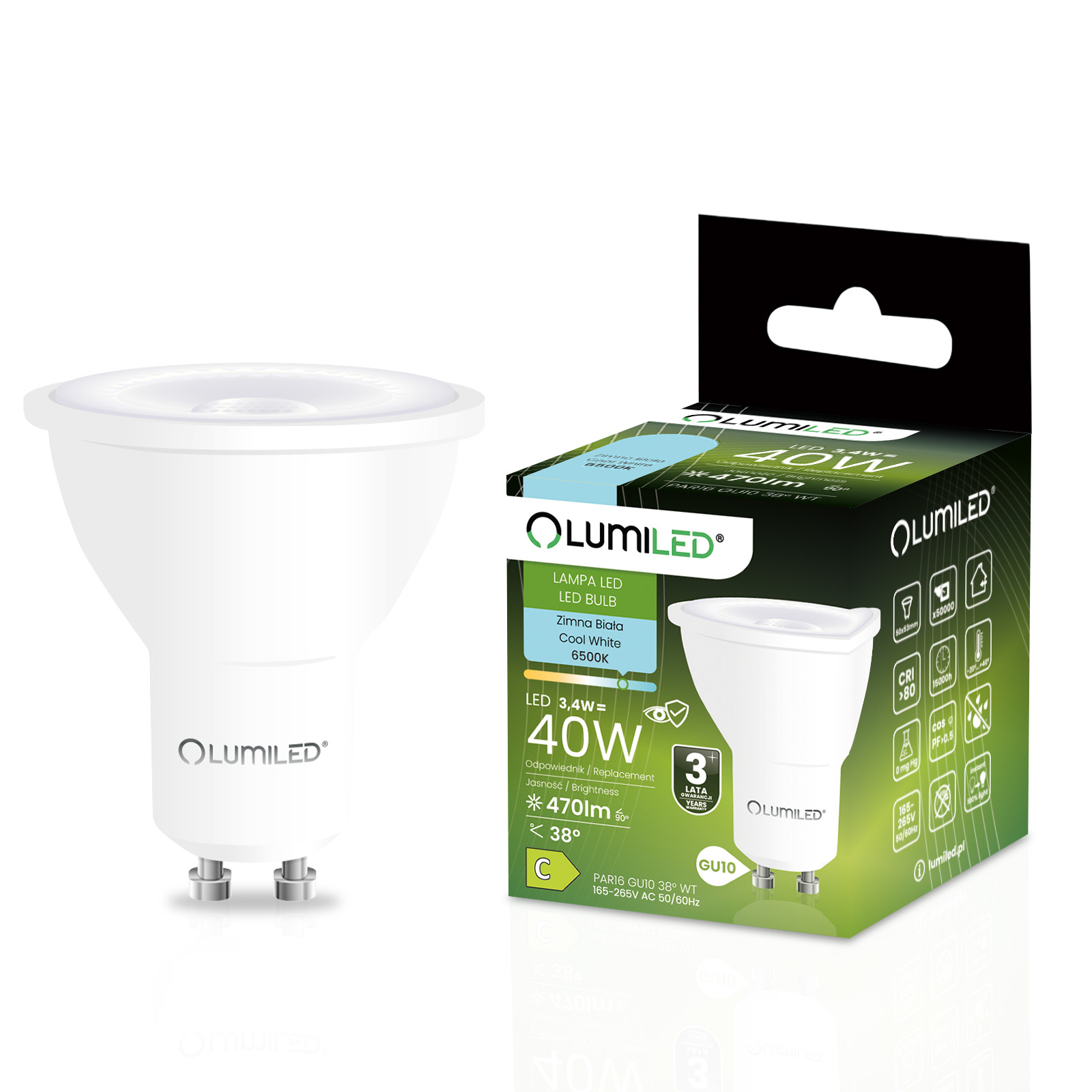Żarówka LED GU10 Reflektor PAR16 3,4W = 40W 470LM 6500K Zimna 38° LUMILED - główne zdjęcie produktu