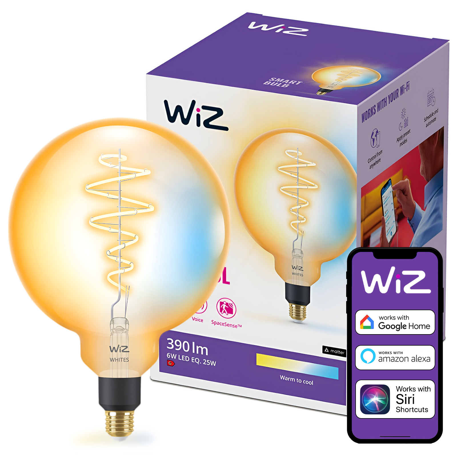 Żarówka LED E27 Kula G200 6W = 25W 390lm 2000-5000K TW FILAMENT Bursztynowa Inteligentna SMART WiFi Bluetooth Aplikacja WiZ - główne zdjęcie produktu