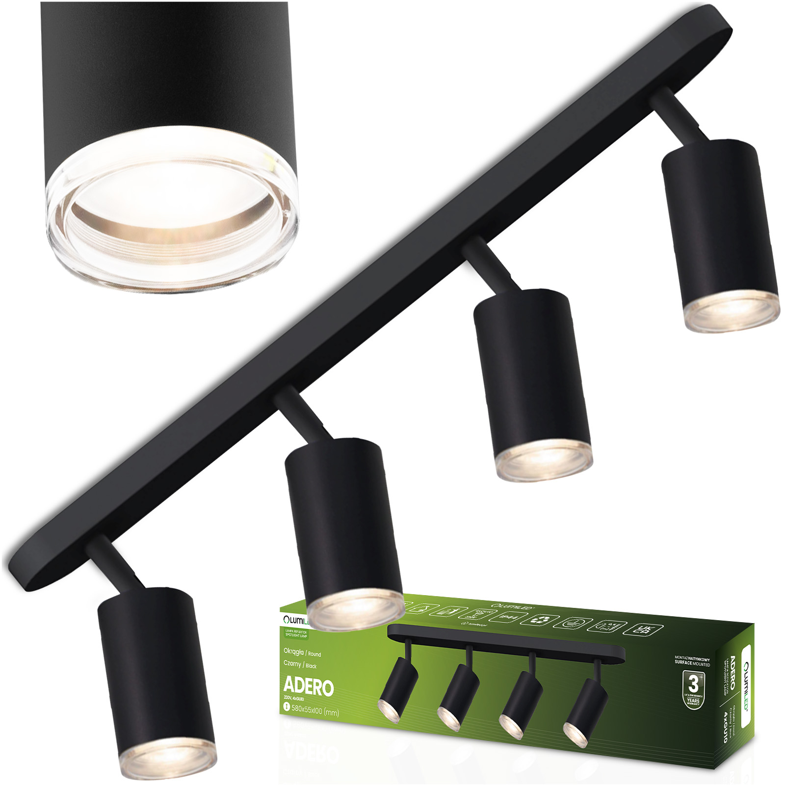 Lampa Sufitowa Reflektor LED Spot 4x GU10 IP44 ADERO Czarna Lumiled - główne zdjęcie produktu