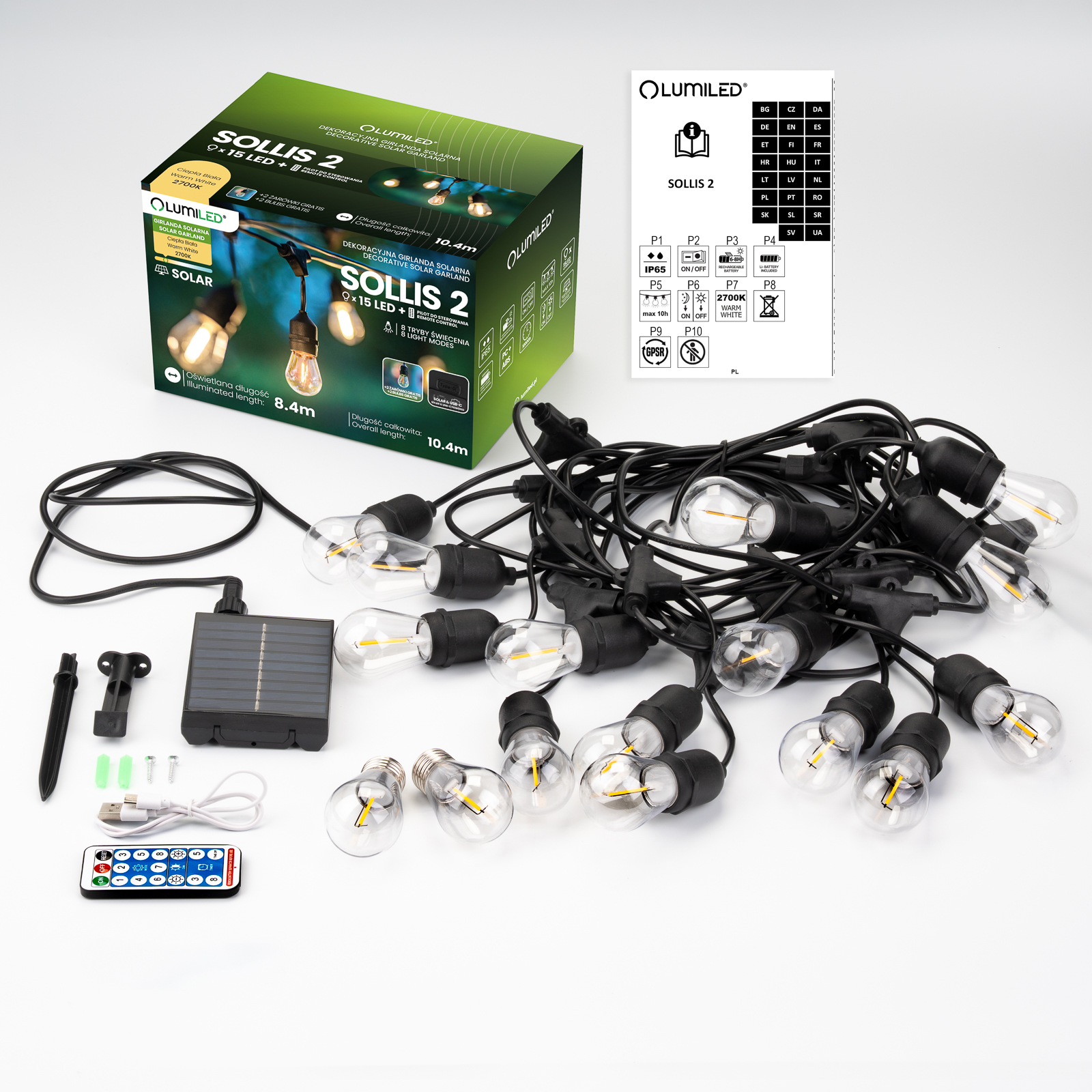 Girlanda Solarna Ogrodowa 15x LED Ozdobne Żarówki 10,4m 2700K Ciepła + PILOT IP65 SOLLIS 2 LUMILED - skład produktu