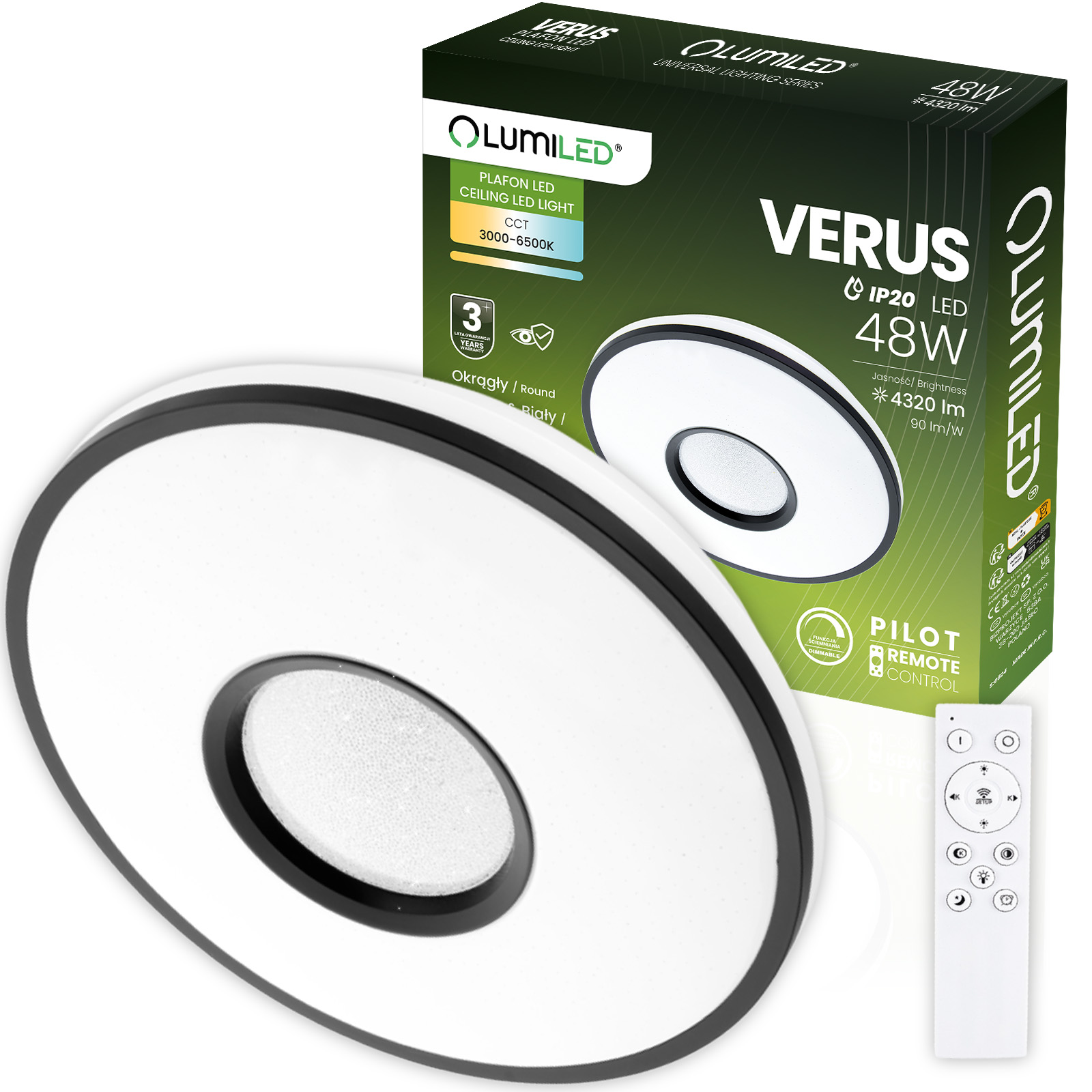 Plafon LED Lampa Sufitowa Natynkowa VERUS 48W CCT Biały Okrągły 40cm + PILOT LUMILED - główne zdjęcie produktu