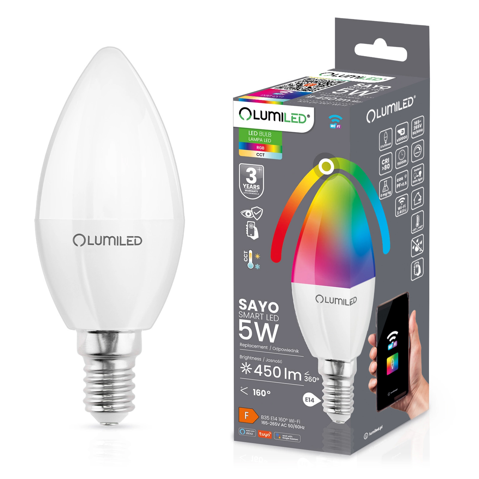 Żarówka LED E14 B35 ŚWIECZKA 5W = 40W 450lm RGB Ściemnialna CCT Inteligentna TUYA WiFi SMART SAYO LUMILED - główne zdjęcie produktu