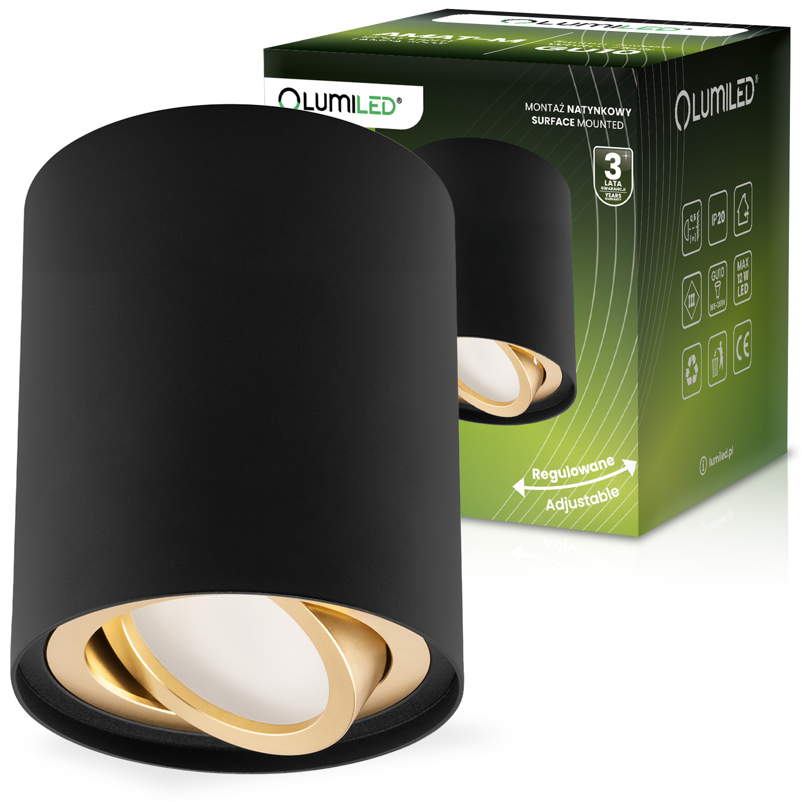 Oprawa Natynkowa HALOGENOWA Spot Tuba Ruchoma GU10 Okrągła Czarno-Złota 84mm AMAT-M LUMILED - główne zdjęcie produktu