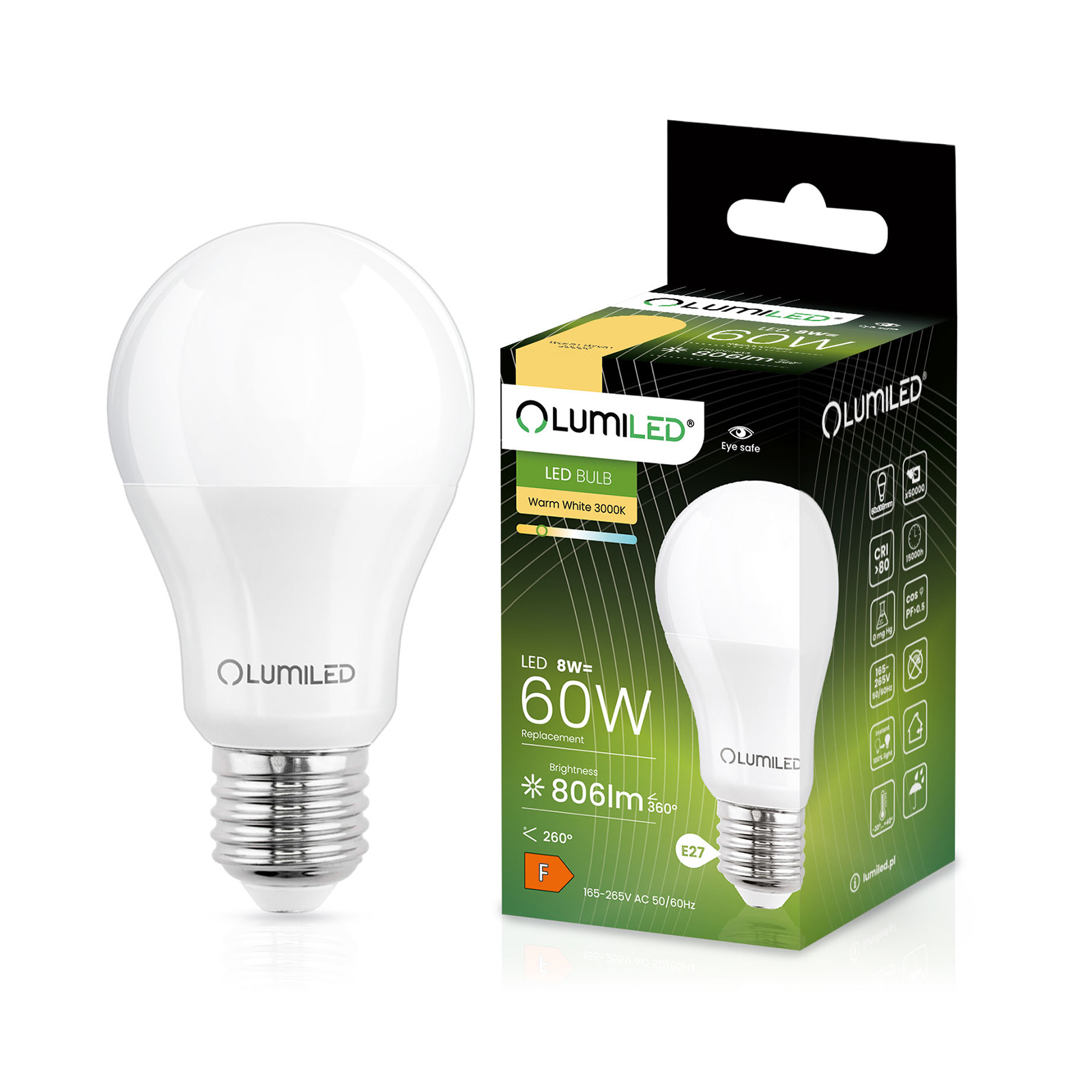 Żarówka LED E27 A60 8W = 60W 806lm 3000K Ciepła 260° LUMILED - główne zdjęcie produktu