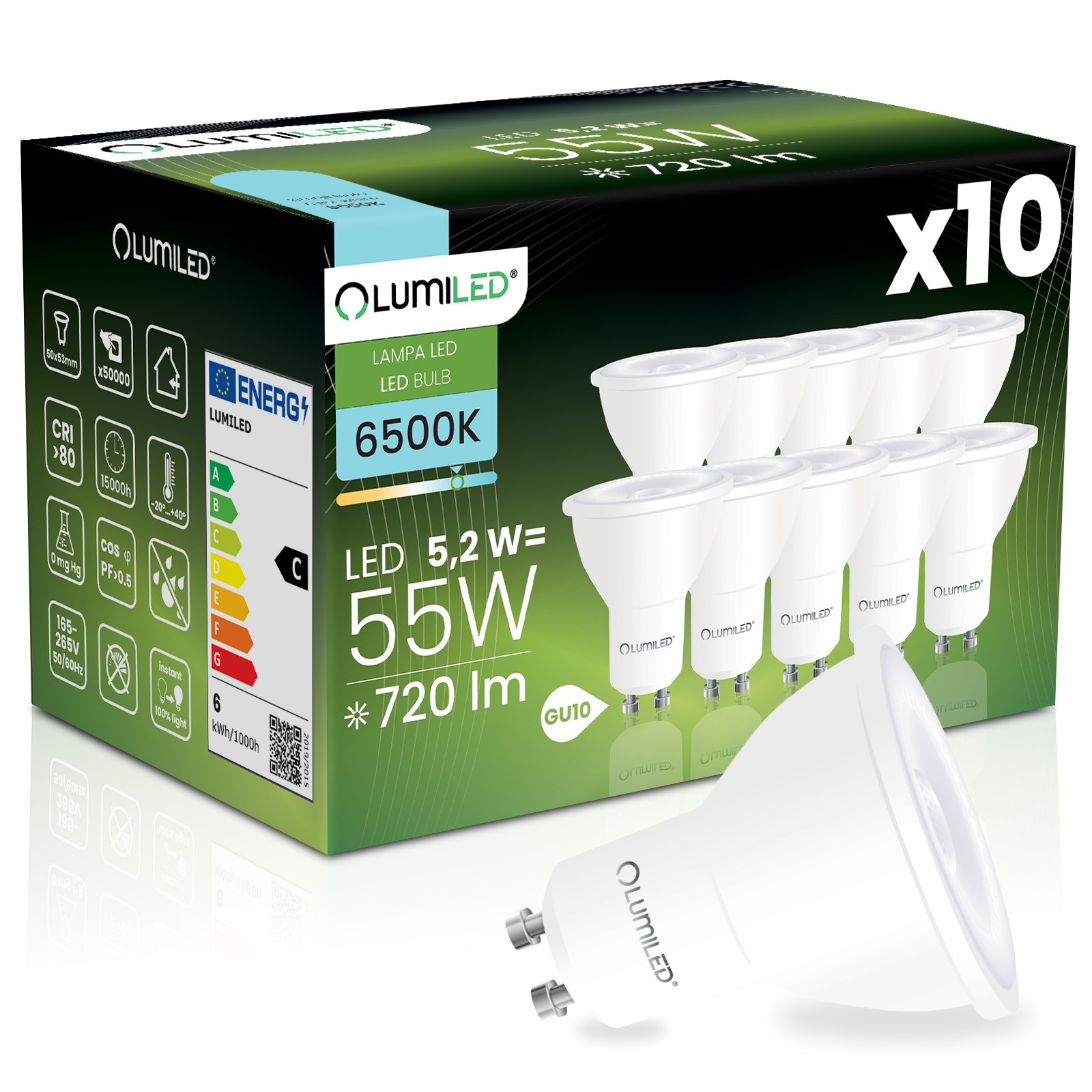 10x Żarówka LED GU10 Reflektor PAR16 5,2W = 55W 720LM 6500K Zimna 38° LUMILED - główne zdjęcie produktu