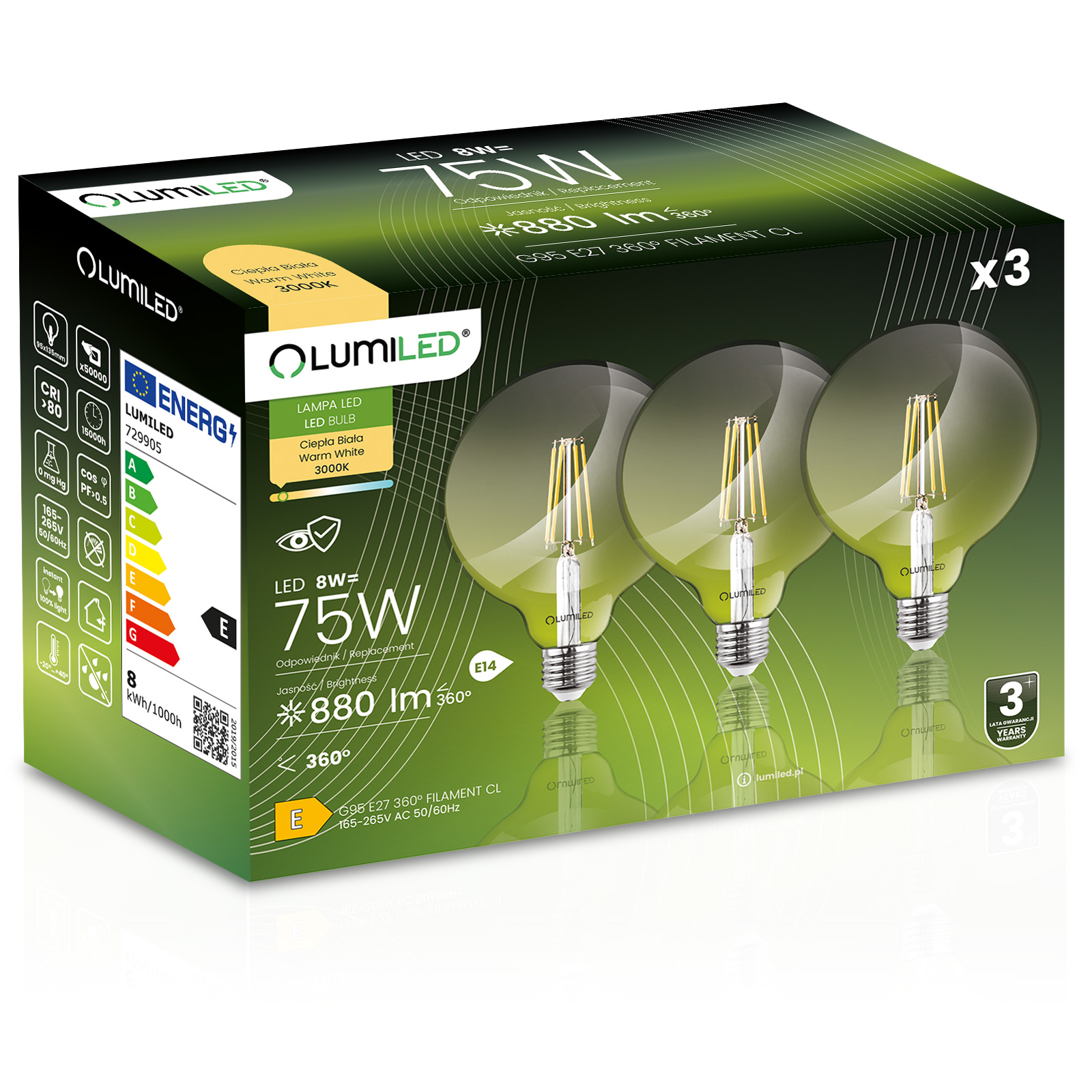 3x Żarówka LED E27 Kula G95 8W = 75W 880lm 3000K Ciepła 360° FILAMENT LUMILED - główne zdjęcie produktu