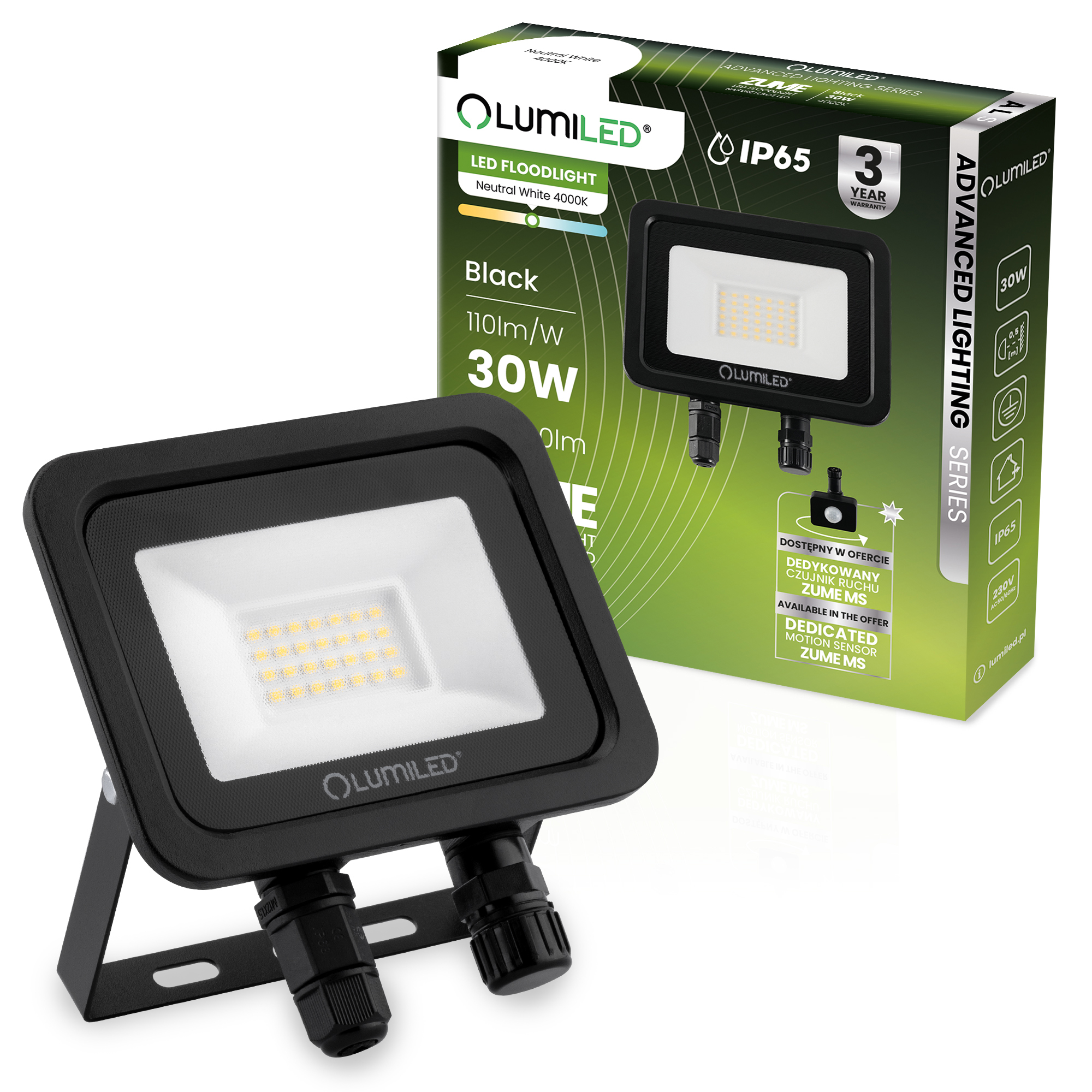 Naświetlacz LED ZUME 30W 3300lm 4000K IP65 Czarny Advanced Lighting Series LUMILED - główne zdjęcie produktu