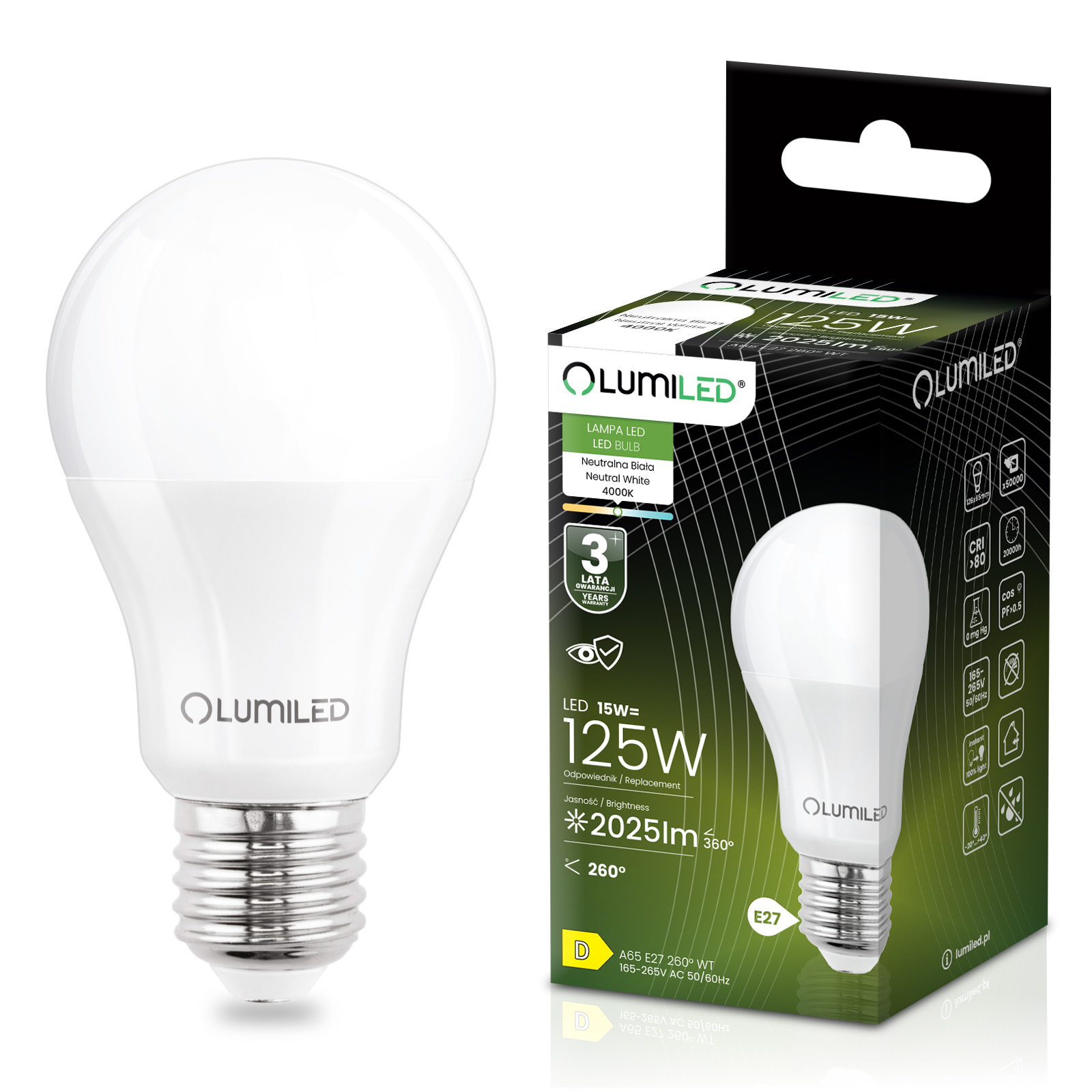 Żarówka LED E27 A65 15W = 125W 2025lm 4000K Neutralna 260° LUMILED - główne zdjęcie produktu