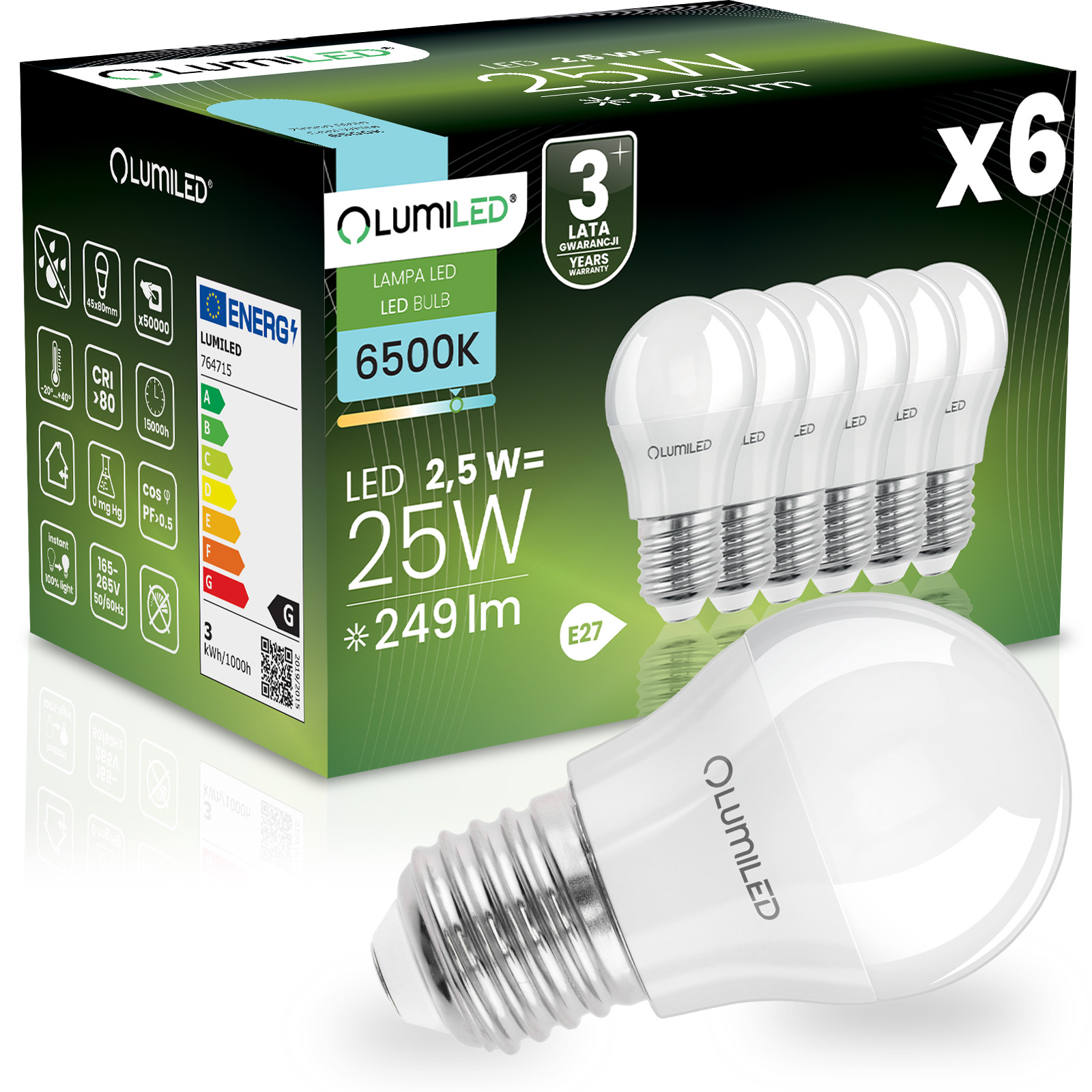 6x Żarówka LED E27 Kulka P45 2,5W = 25W 249lm 6500K Zimna 180° LUMILED - główne zdjęcie produktu