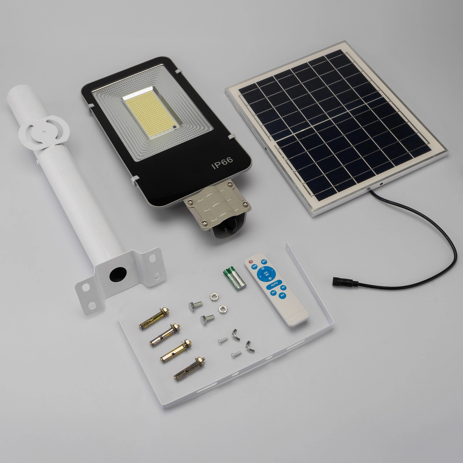 Lampa Solarna Uliczna LED 600W 60000lm 6500K Zimna Czujnik Zmierzchu MOCNA Latarnia Ogrodowa z Regulowanym Panelem + Uchwyt i Pilot - skład produktu