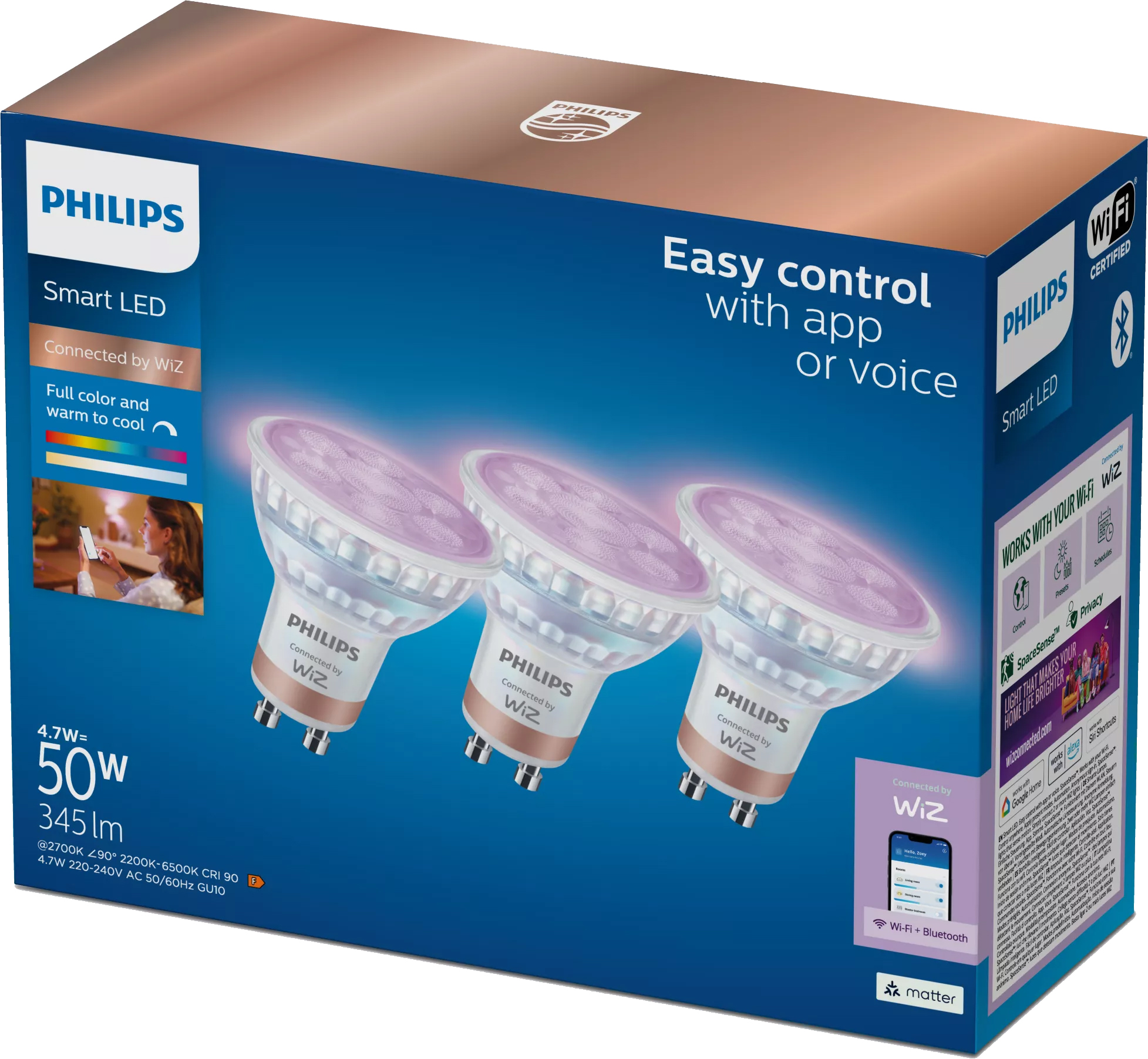 3x Żarówka LED GU10 Reflektor PAR16 4.7W = 50W 345lm 2200-6500K RGB + TW Inteligentna SMART WiFi Bluetooth Aplikacja WiZ Philips - główne zdjęcie produktu
