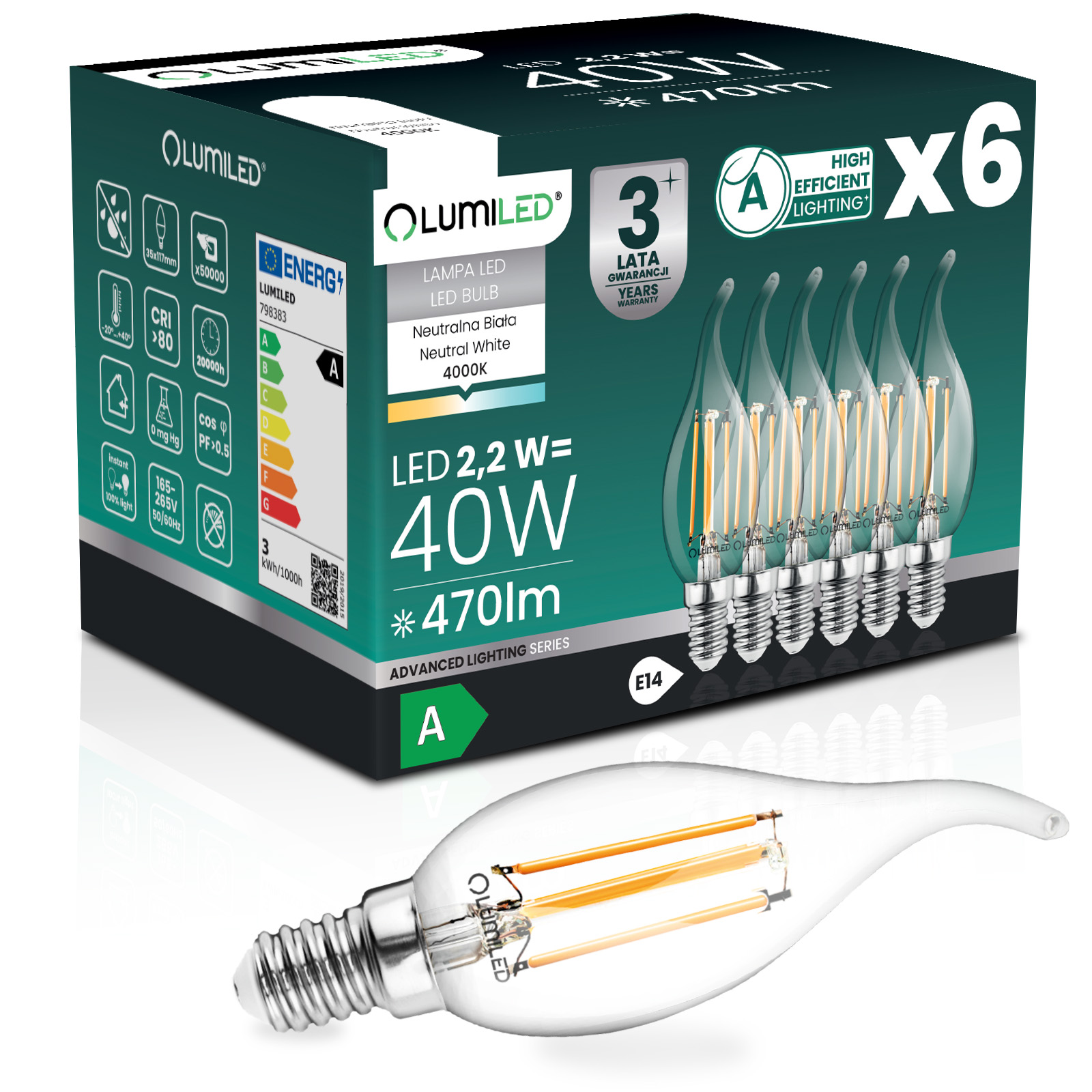 6x Żarówka LED E14 Świeczka BA35 2,2W 470lm = 40W 4000K Neutralna 360° Filament KLASA A LUMILED - główne zdjęcie produktu