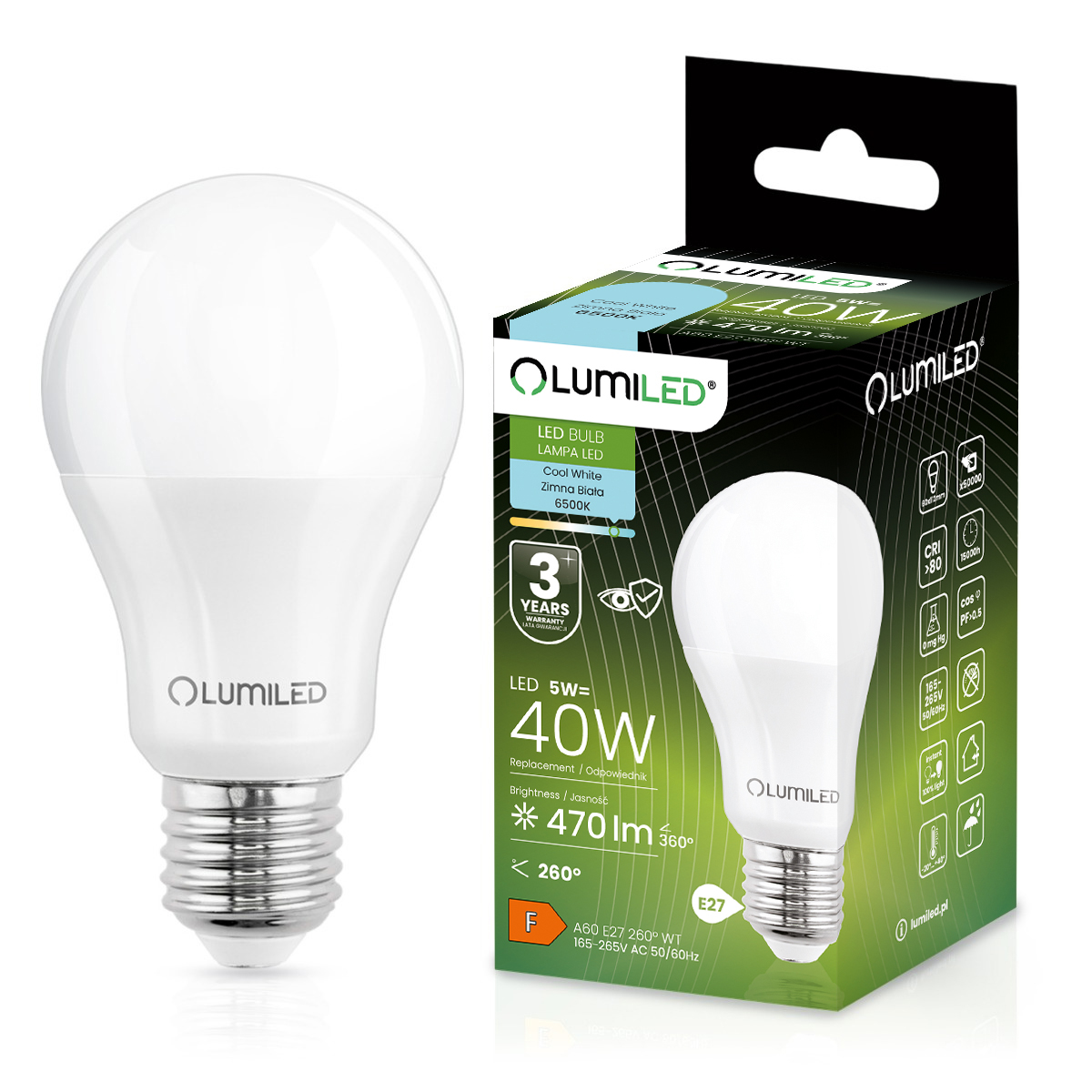 Żarówka LED E27 A60 5W = 40W 470lm 6500K Zimna 260° LUMILED - główne zdjęcie produktu