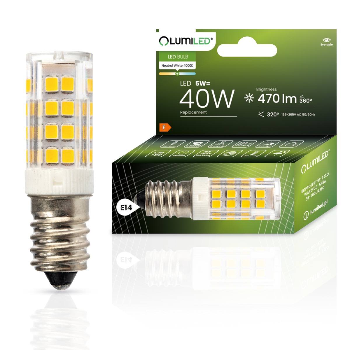 Żarówka LED E14 Tubularna T25 5W = 40W 470lm 4000K Neutralna 320° LUMILED - główne zdjęcie produktu