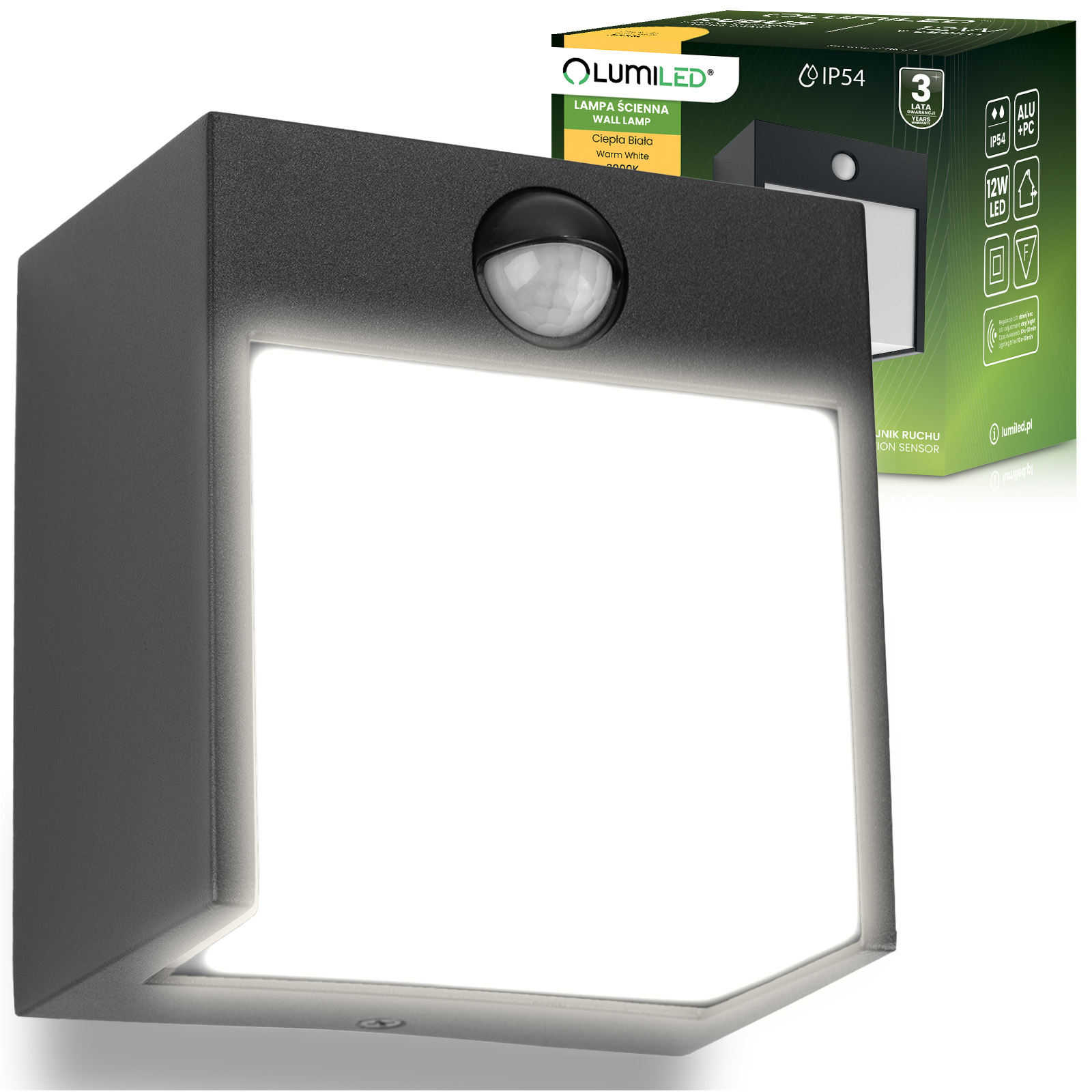 Lampa Ogrodowa Ścienna LED Kinkiet Elewacyjny Zewnętrzny PIR IP54 12W 3000K RUBUS LUMILED - główne zdjęcie produktu