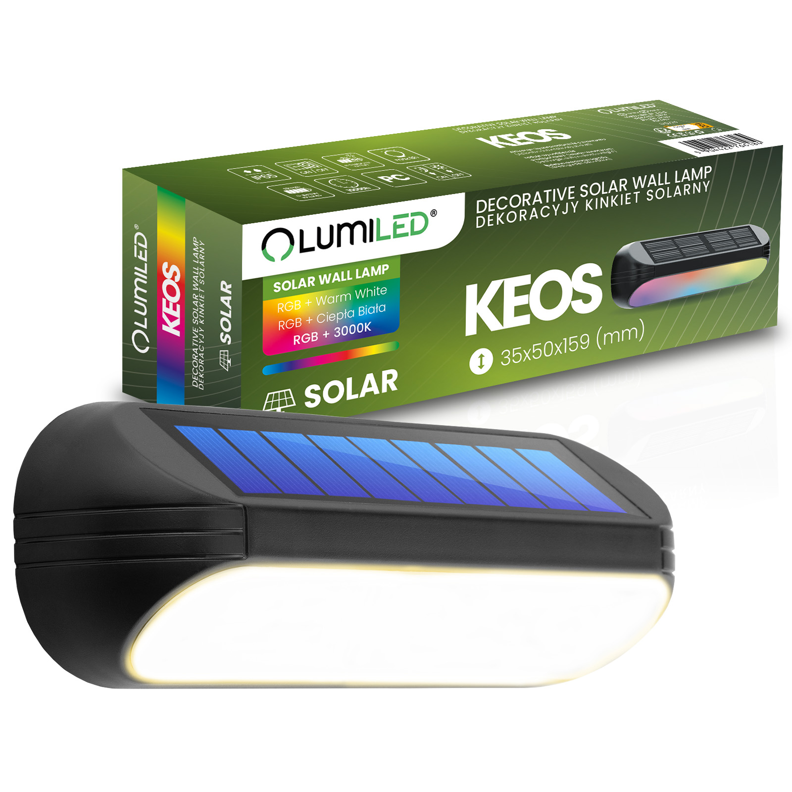 Lampa Solarna Ogrodowa LED Kinkiet Ścienny Elewacyjny 3000K + RGB KEOS LUMILED - główne zdjęcie produktu