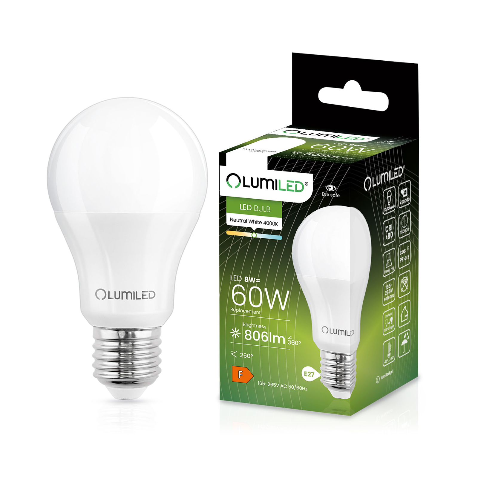 Żarówka LED E27 A60 8W = 60W 806lm 4000K Neutralna 260° LUMILED - główne zdjęcie produktu