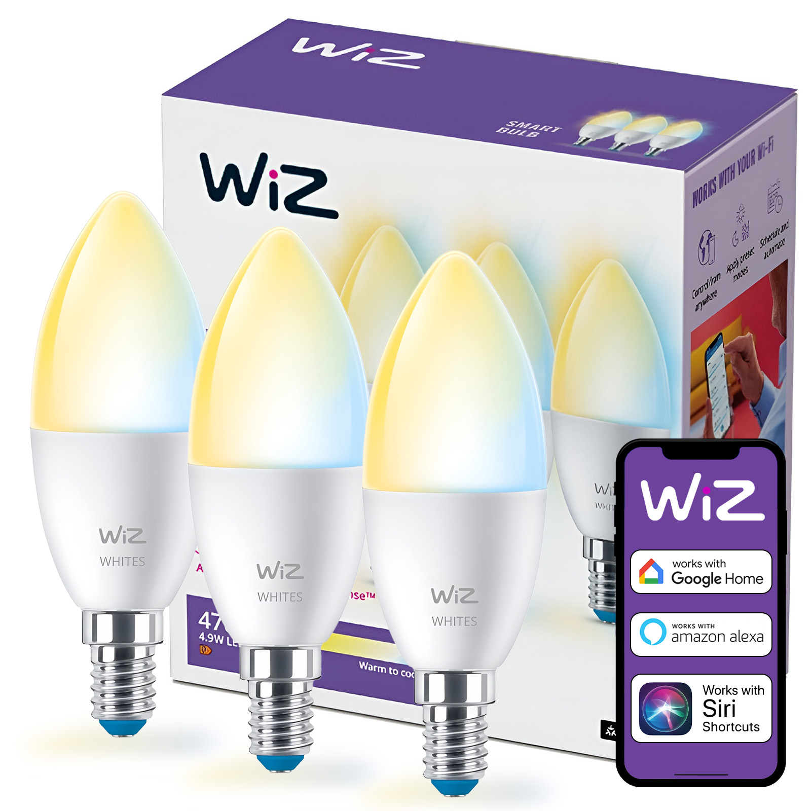3x Żarówka LED E14 Świeczka C37 4.9W = 40W 470lm 2700-6500K TW Inteligentna SMART WiFi Bluetooth Aplikacja WiZ - główne zdjęcie produktu