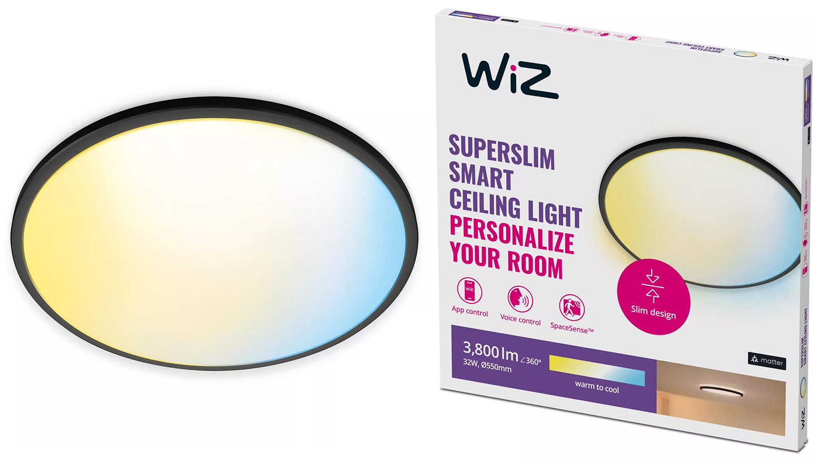 Plafon LED Lampa Sufitowa Natynkowa 32W 3800lm 2700-6500K TW 55cm Czarna Okrągła Inteligentna SMART WiFi Bluetooth Aplikacja Superslim WiZ - główne zdjęcie produktu