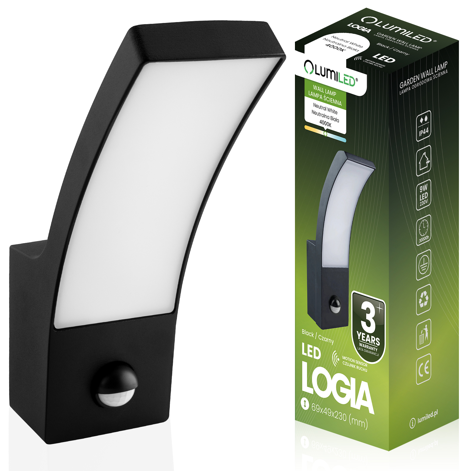Lampa Elewacyjna LED Zewnętrzna Ścienna Czarna Kinkiet Ogrodowy 10W 4000K IP44 Czujnik Ruchu LOGIA LUMILED - główne zdjęcie produktu