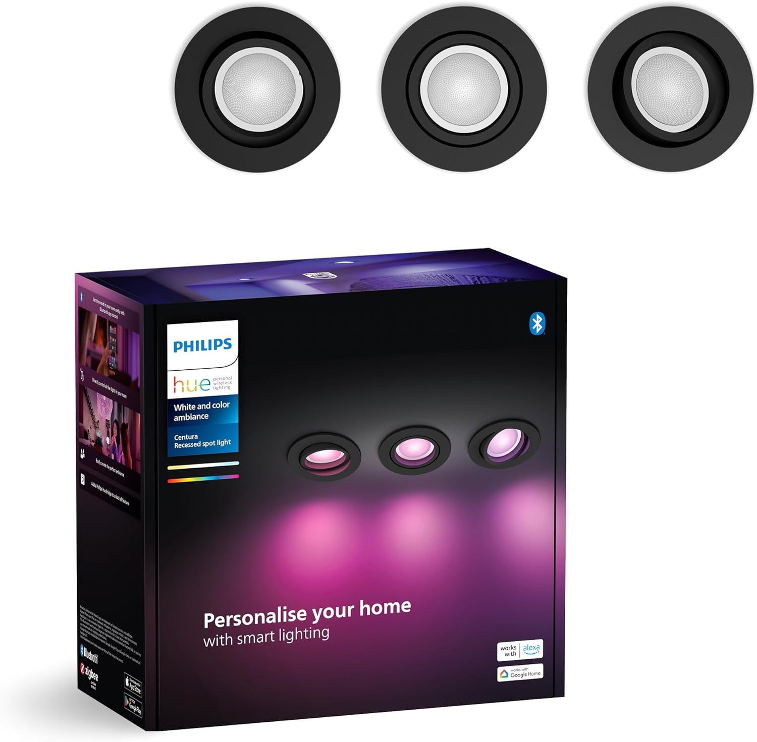 3x Oprawa Podtynkowa Wpuszczana LED 4.2W 400lm IP20 White and Color Ambiance RGB + TW Czarna Inteligentna SMART Zigbee Bluetooth Centura Philips HUE - główne zdjęcie produktu