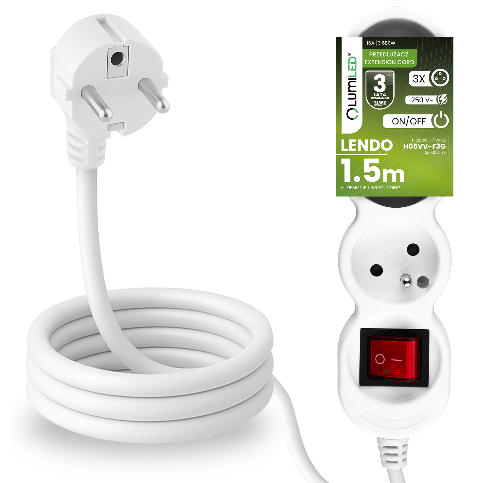 Przedłużacz Sieciowy Kabel z Uziemieniem Listwa Zasilająca 3 Gniazda 1.5m Włącznik ON/OFF Biały Sznur Lendo Lumiled - główne zdjęcie produktu