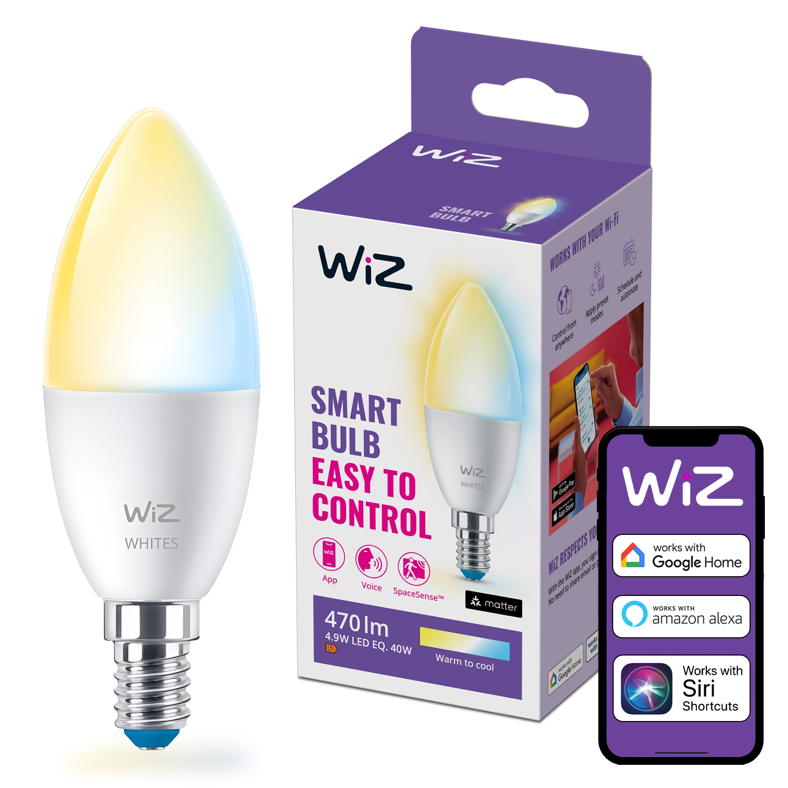 Żarówka LED E14 Świeczka C37 4.9W = 40W 470lm 2700-6500K TW Inteligentna SMART WiFi Bluetooth Aplikacja WiZ - główne zdjęcie produktu