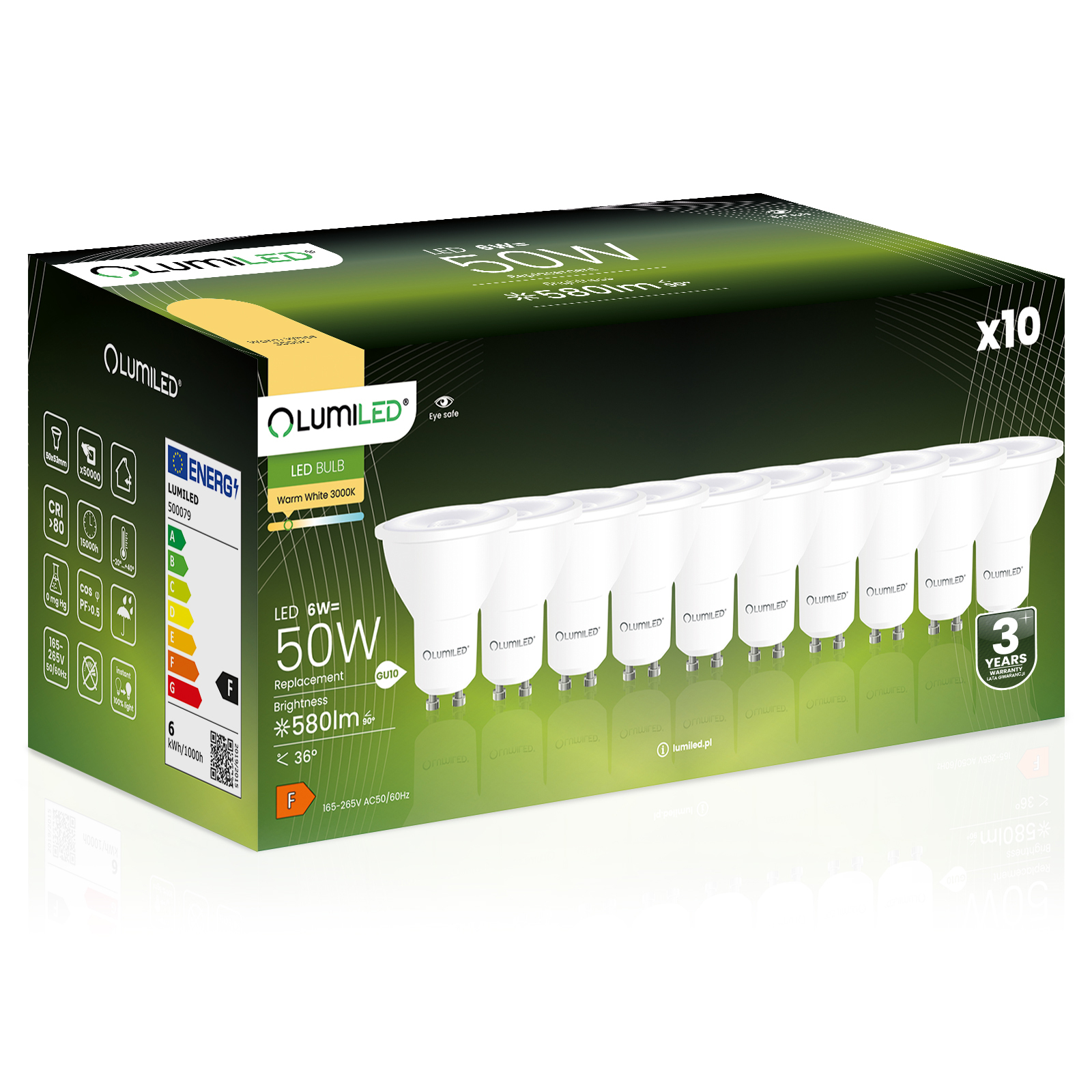 10x Żarówka LED GU10 Reflektor PAR16 6W = 60W 580lm 3000K Ciepła 36° LUMILED - główne zdjęcie produktu