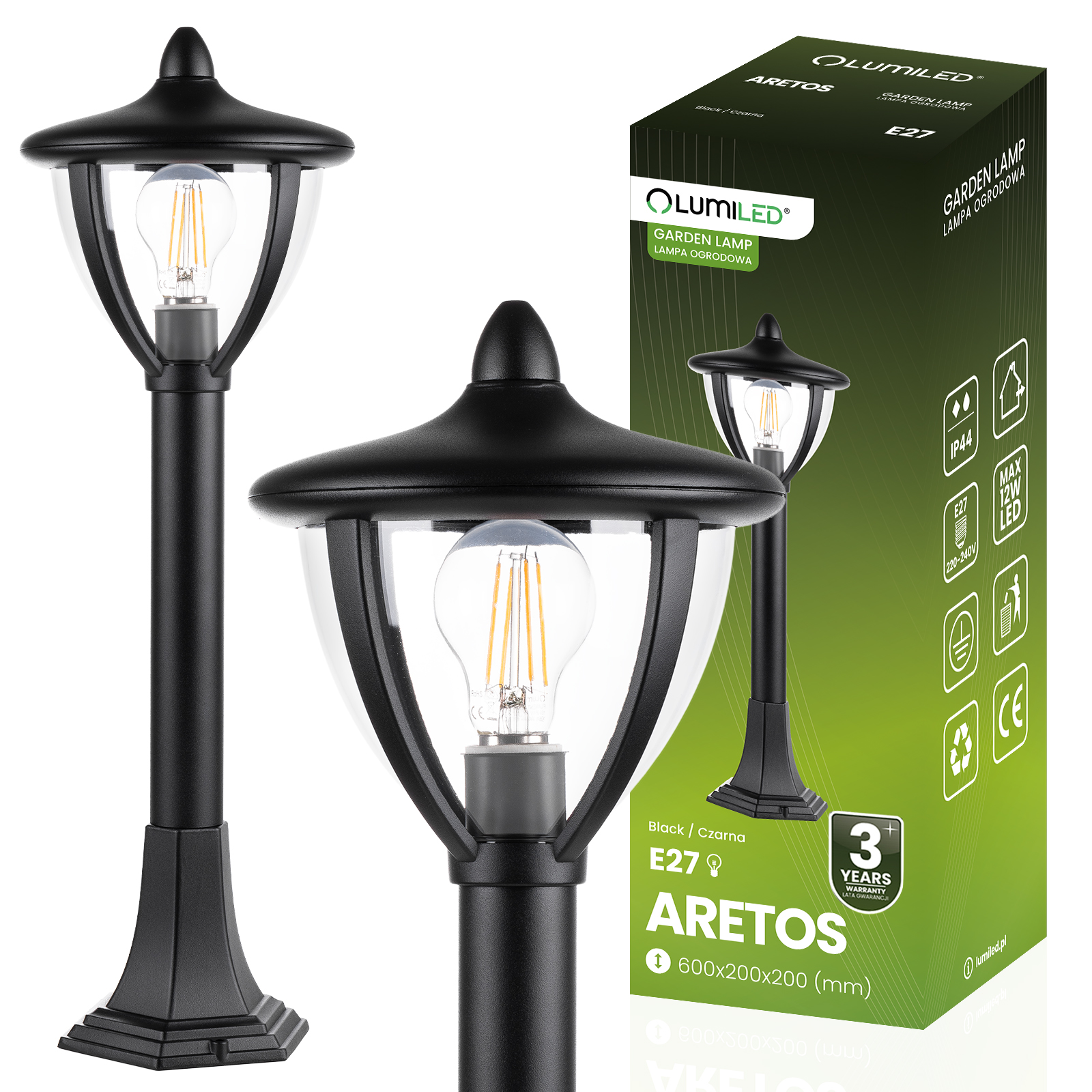 Lampa Ogrodowa Słupek Zewnętrzny Stojący E27 LED Latarnia ARETOS 60cm LUMILED - główne zdjęcie produktu
