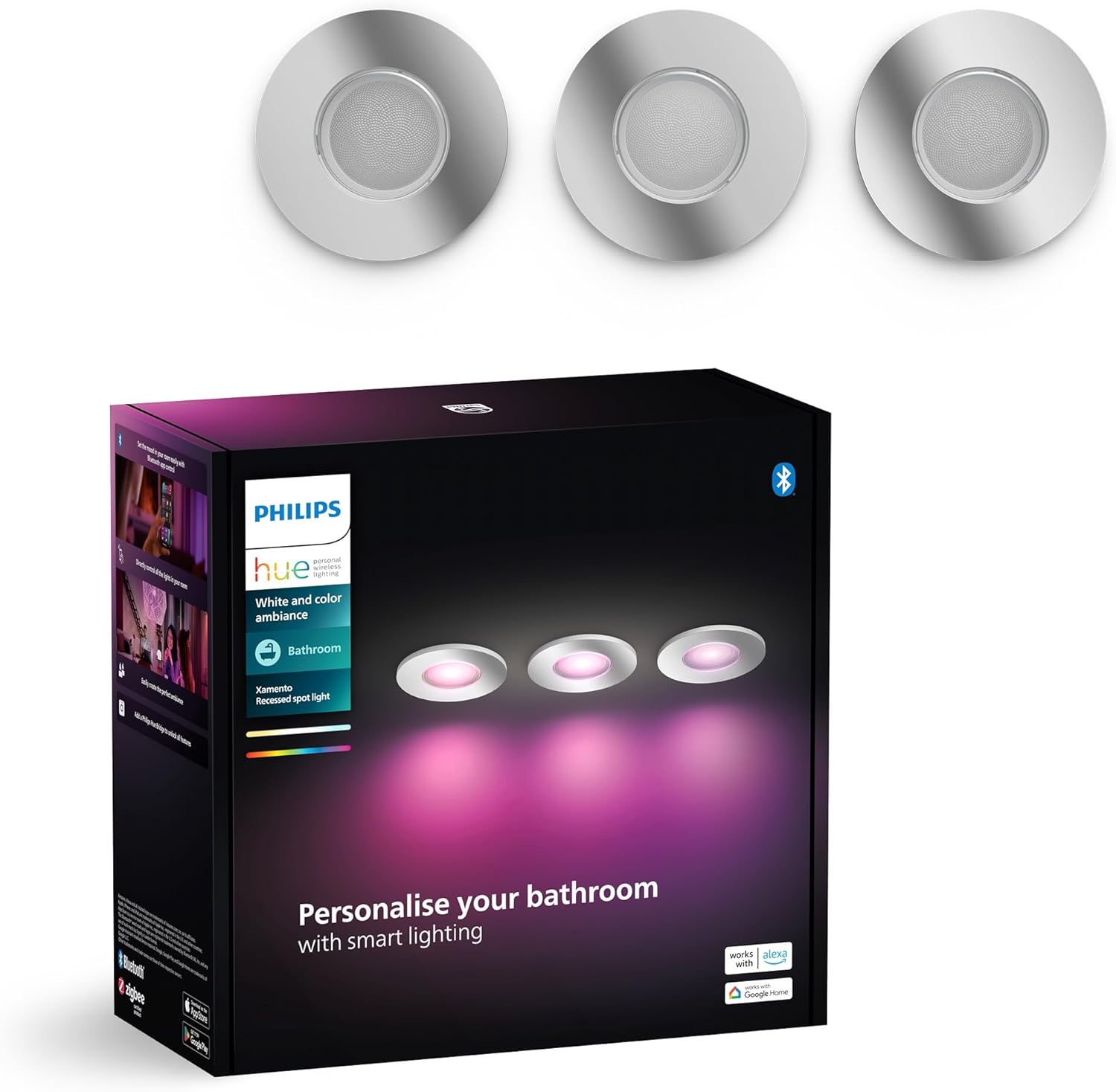 3x Oprawa Podtynkowa Wpuszczana LED Hermetyczna IP44 Łazienkowa 4.2W 400lm IP44 White and Color Ambiance RGB + TW Chrom Inteligentna SMART Zigbee Bluetooth Xamento Philips HUE - główne zdjęcie produktu