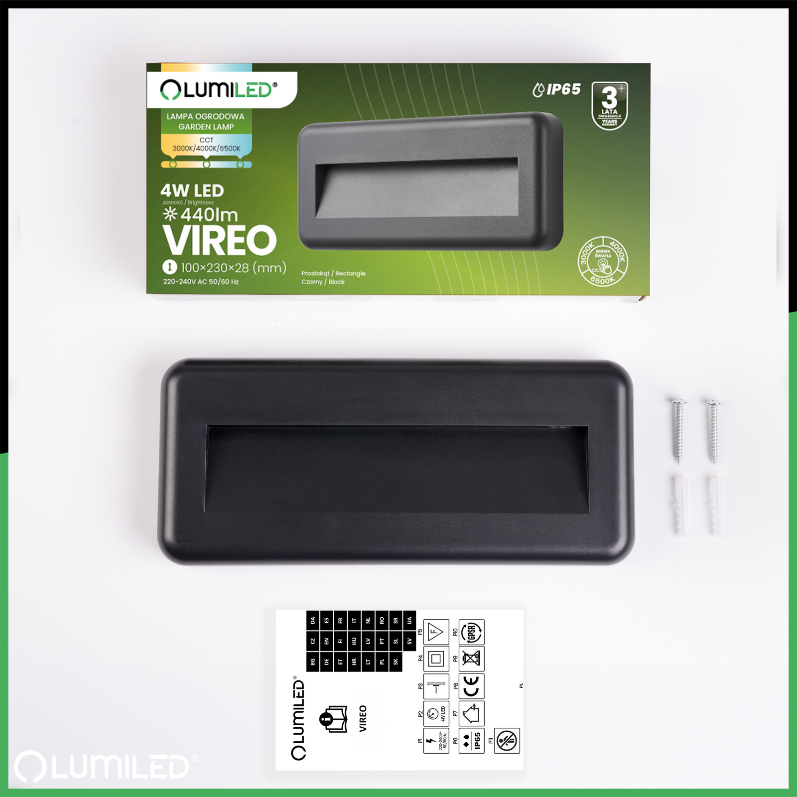 Lampa Ogrodowa Zewnętrzna Schodowa Kinkiet Elewacyjny CCT 3000-6500K LED 4W IP65 VIREO LUMILED - skład produktu