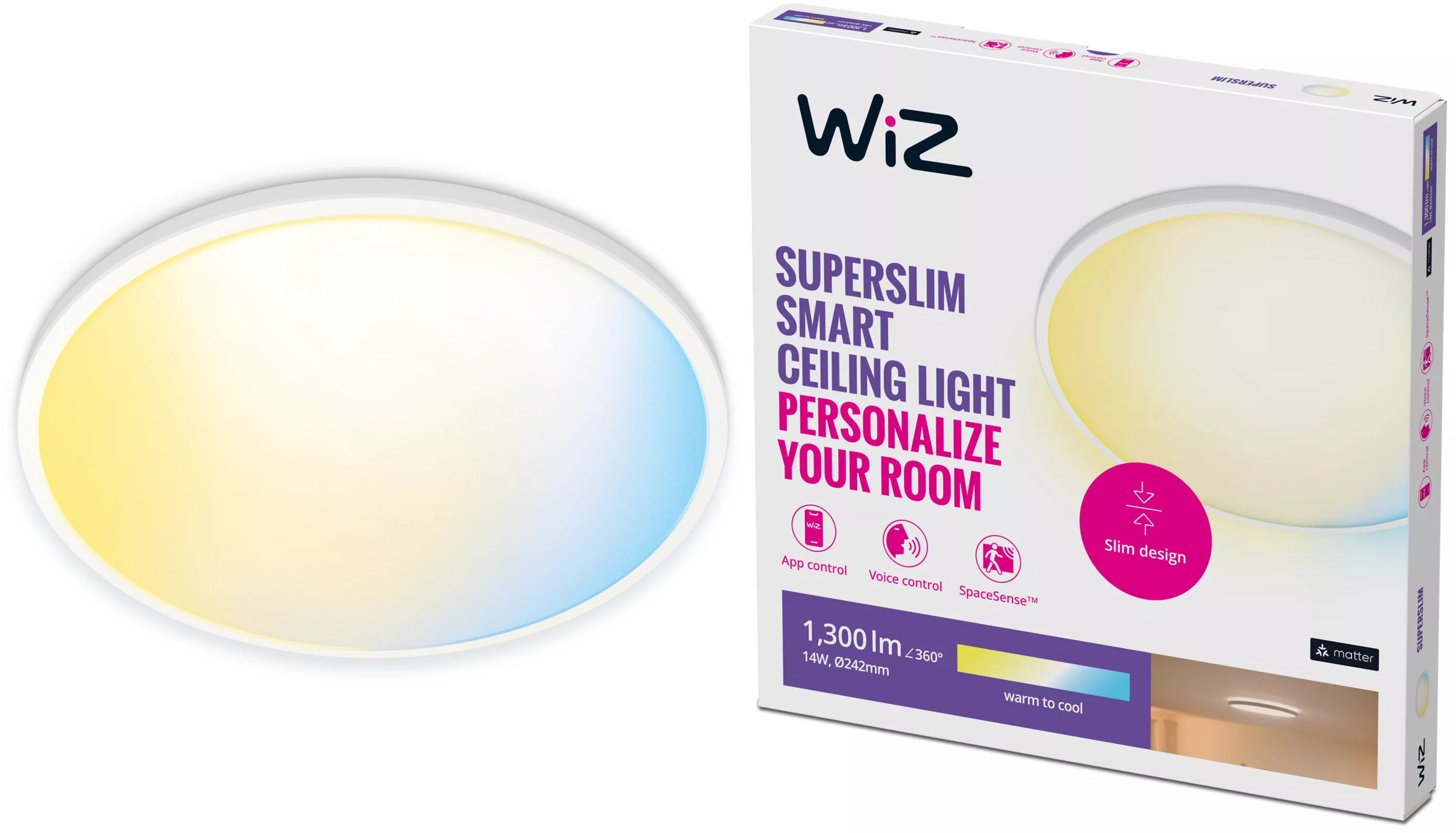 Plafon LED Lampa Sufitowa Natynkowa 14W 1300lm 2700-6500K TW 24.2cm Biała Okrągła Inteligentna SMART WiFi Bluetooth Aplikacja Superslim WiZ - główne zdjęcie produktu