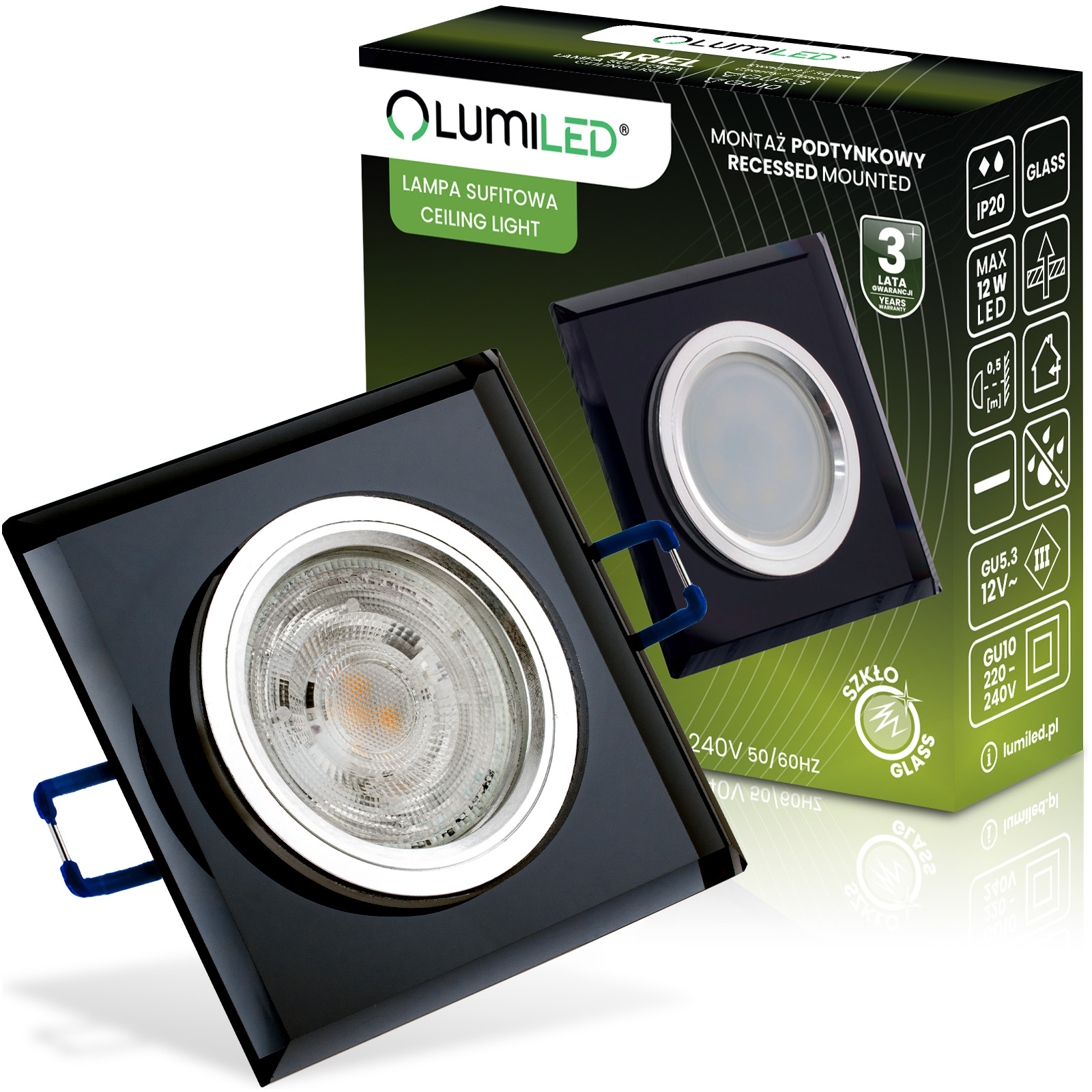 Oprawa halogenowa SZKLANA Sufitowa LED GU10 MR16 stała Ariel czarna kwadratowa - główne zdjęcie produktu