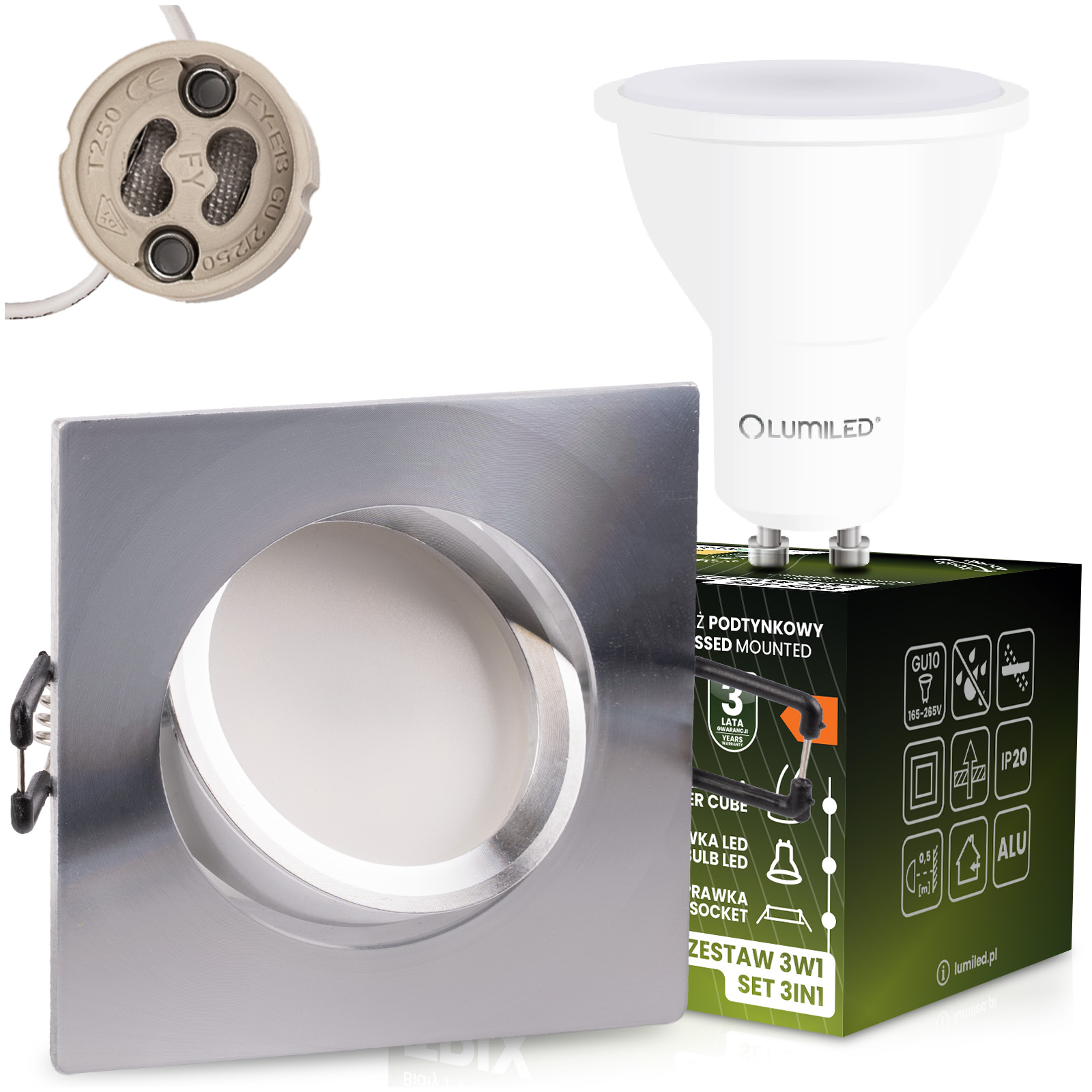 Oprawa Halogenowa Podtynkowa Kwadratowa Ruchoma TRIX 3w1 GU10 6W 3000K Srebrny LUMILED - główne zdjęcie produktu