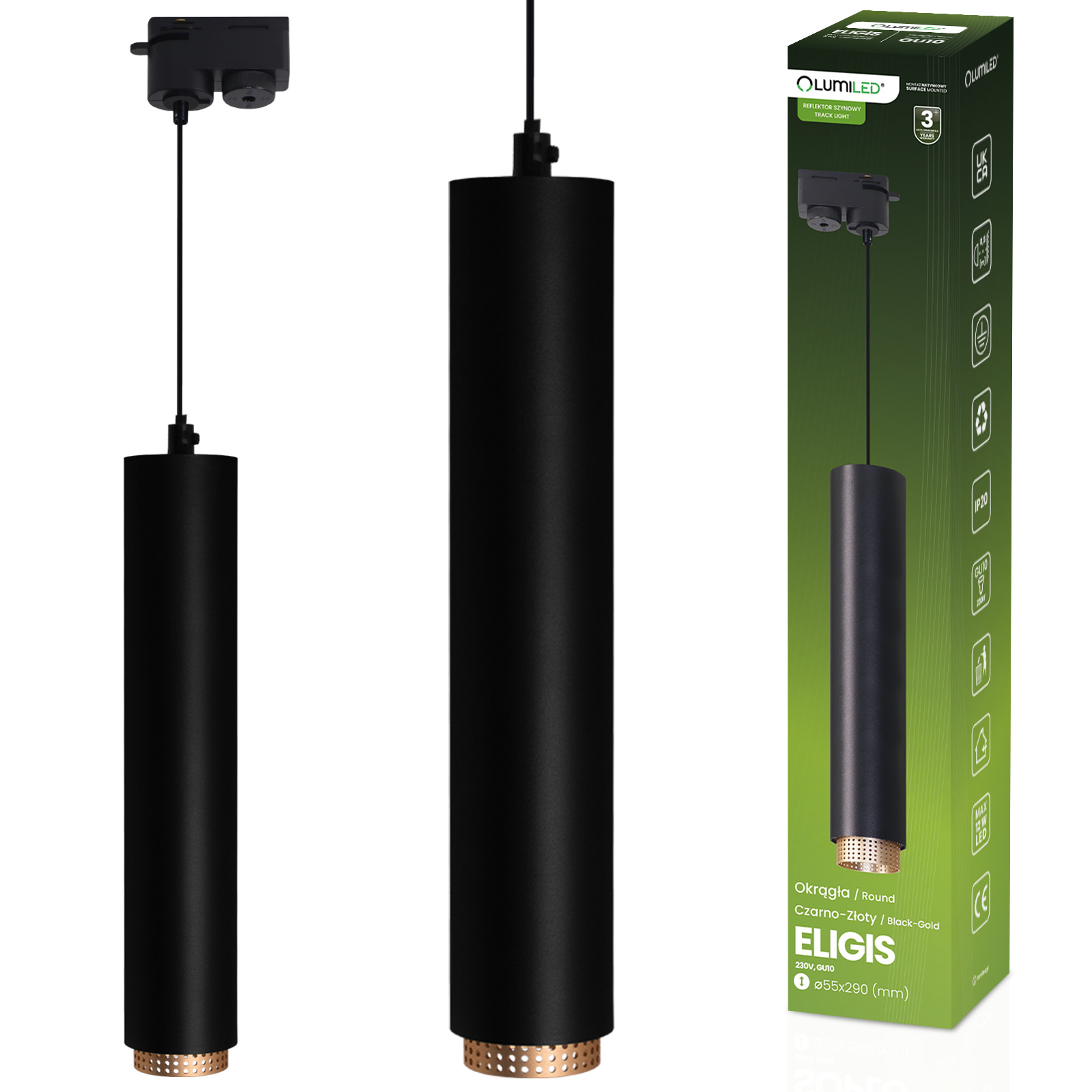 Lampa Wisząca Sufitowa Zwis 29cm Reflektor GU10 LED ELIGIS Czarny LUMILED - główne zdjęcie produktu