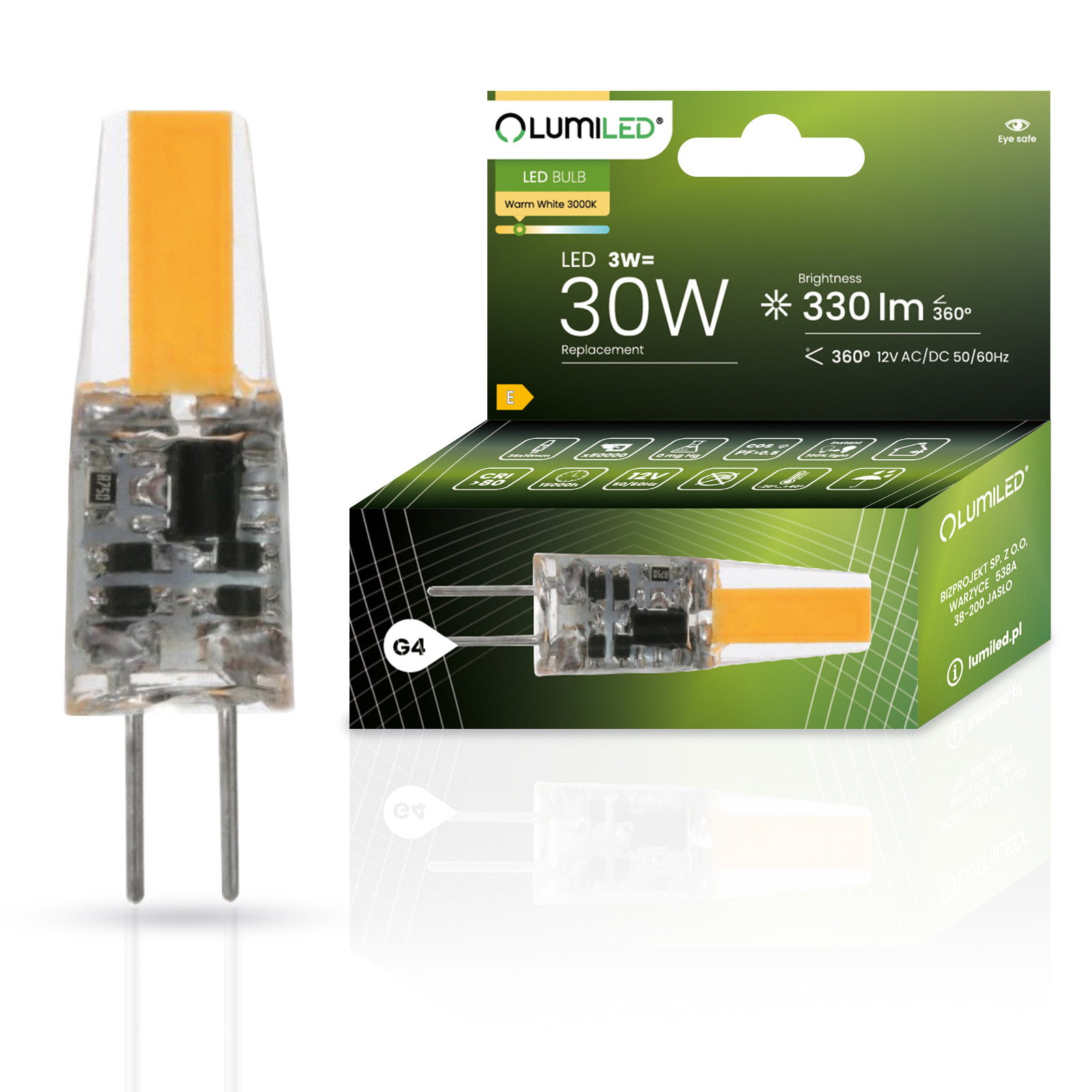 Żarówka LED G4 Kapsułka 3W = 30W 330lm 3000K Ciepła 360° 12V FILAMENT LUMILED - główne zdjęcie produktu