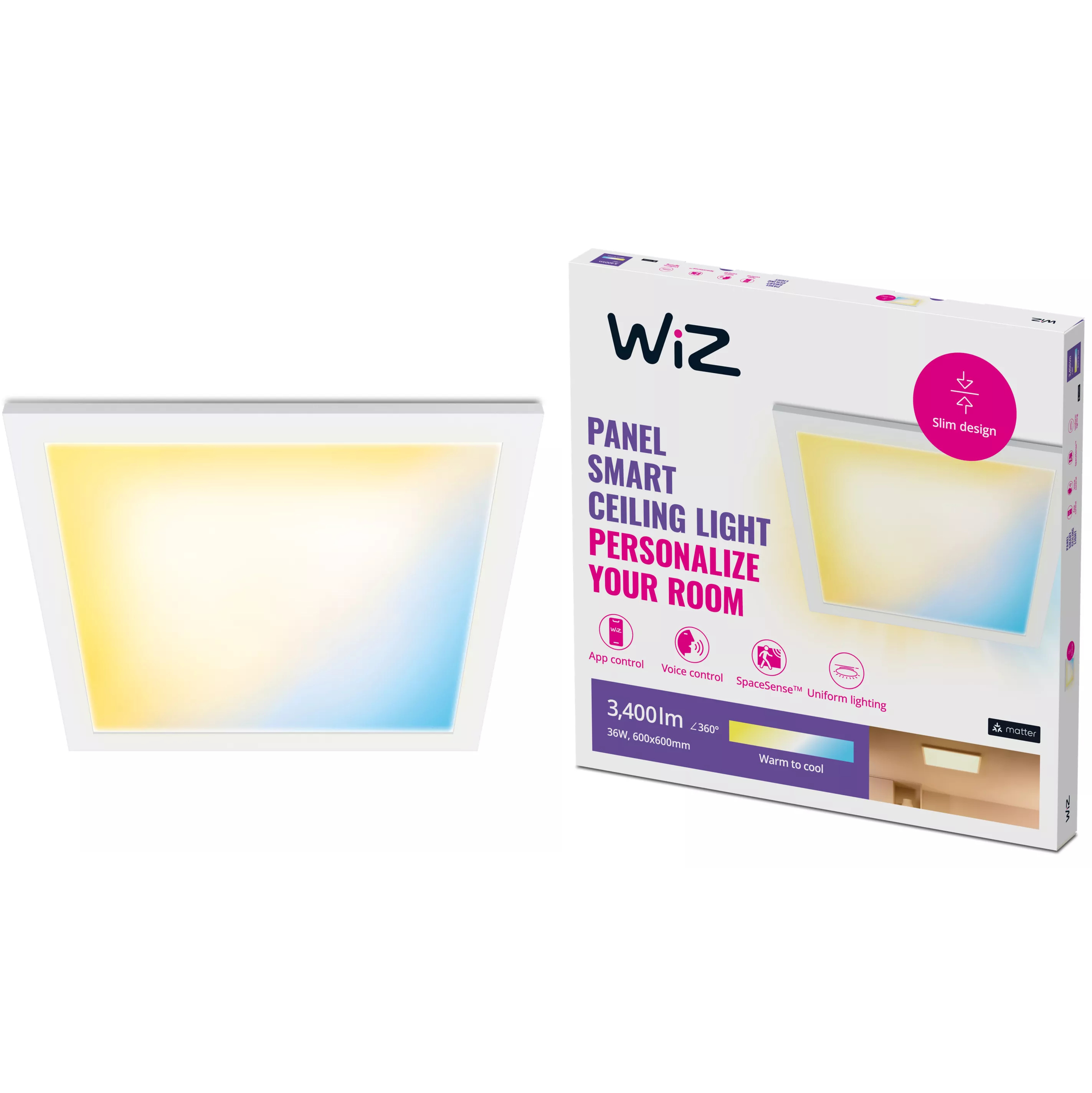 Panel LED Lampa Sufitowa Natynkowa 36W 3400lm 2700-6500K TW 60x60 cm Biała Kwadratowa Inteligentna SMART WiFi Bluetooth Aplikacja WiZ - główne zdjęcie produktu