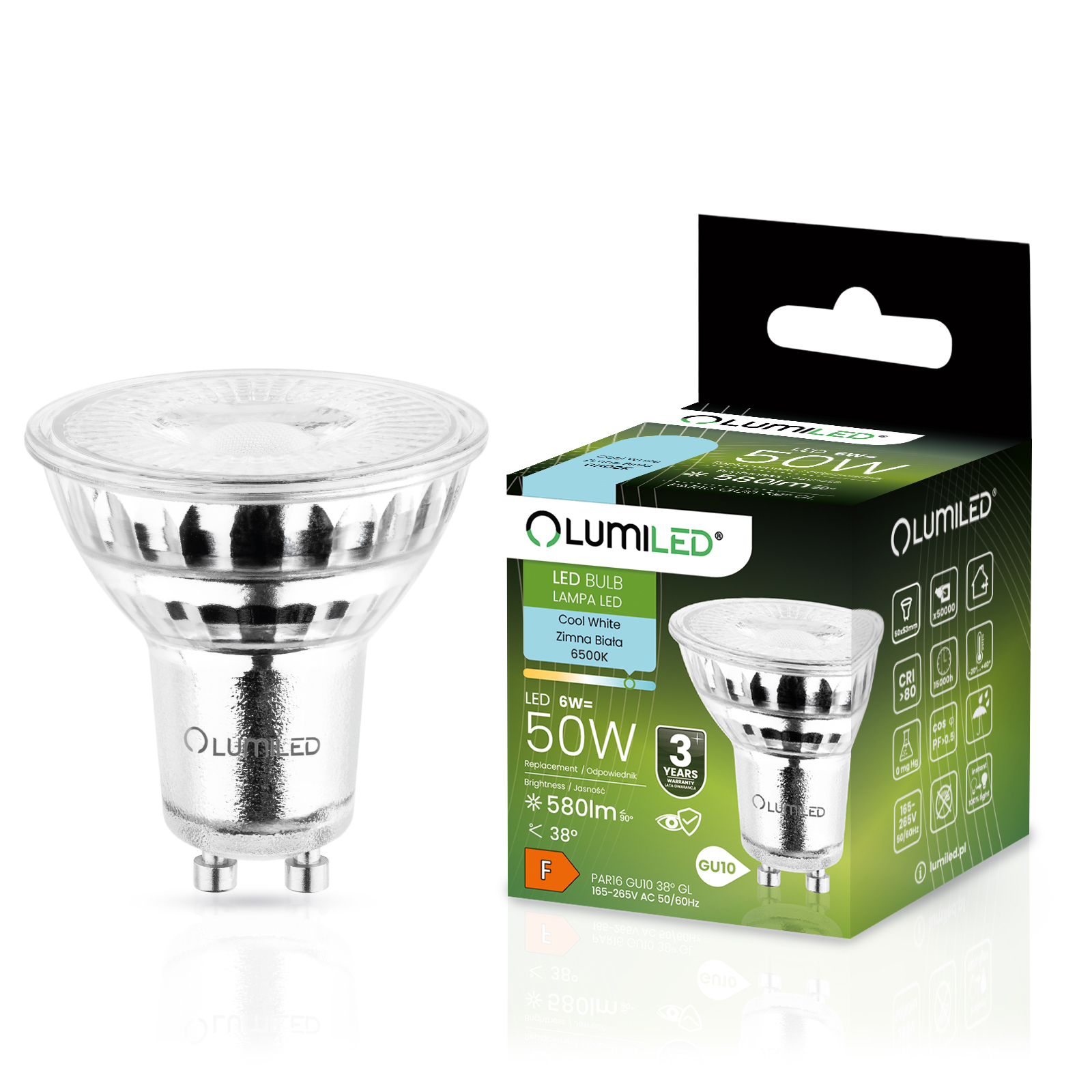 Żarówka LED GU10 Reflektor PAR16 6W = 50W 580lm 6500K Zimna 38° LUMILED - główne zdjęcie produktu