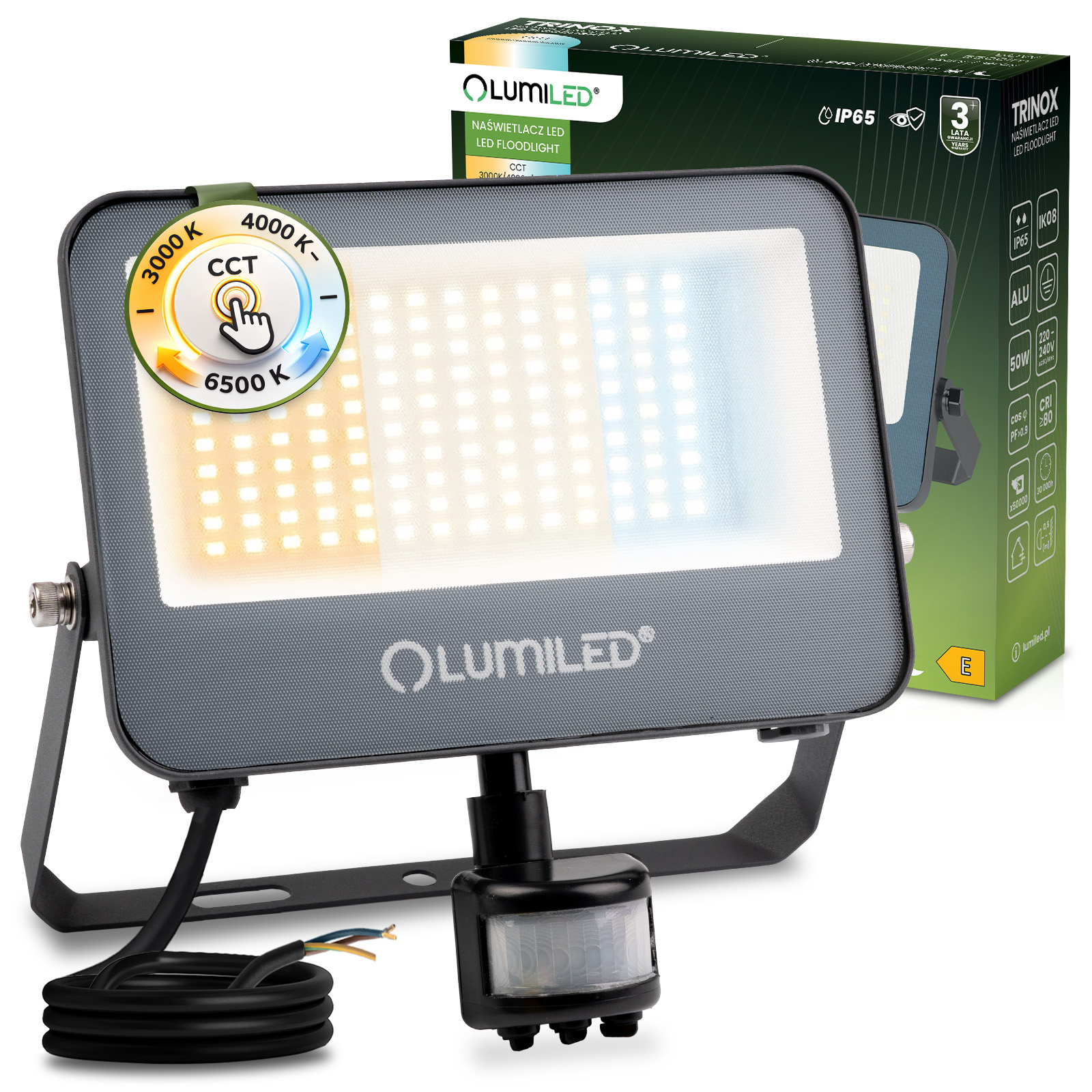 Naświetlacz LED TRINOX 50W 5500lm CCT IP65 Szary Czujnik Ruchu i Zmierzchu LUMILED - główne zdjęcie produktu