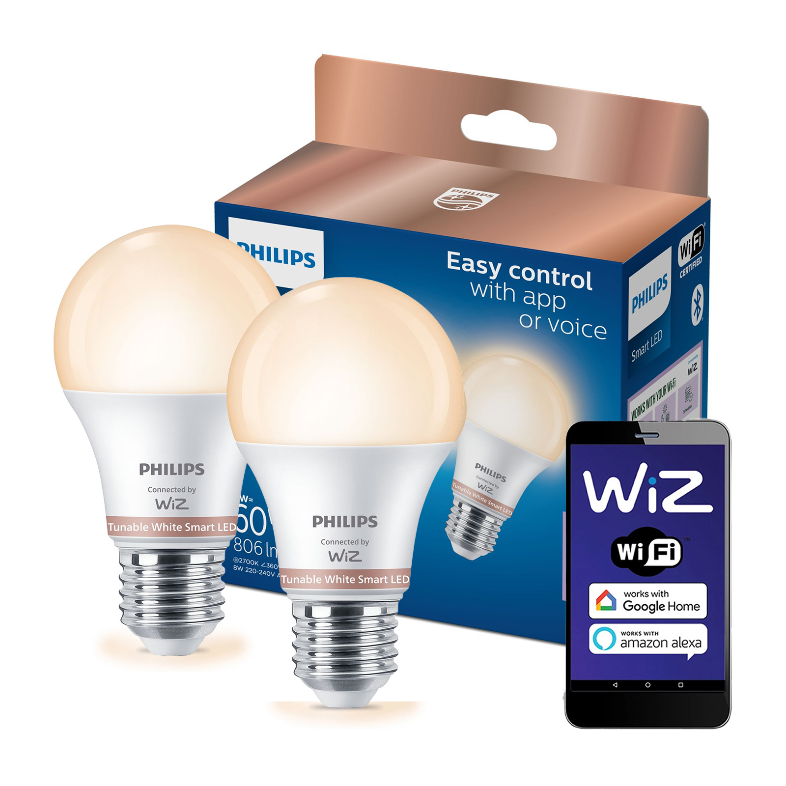 2x Żarówka LED E27 A60 8W = 60W 806lm 2700-6500K TW Inteligentna SMART WiFi Bluetooth Aplikacja WiZ Philips - główne zdjęcie produktu