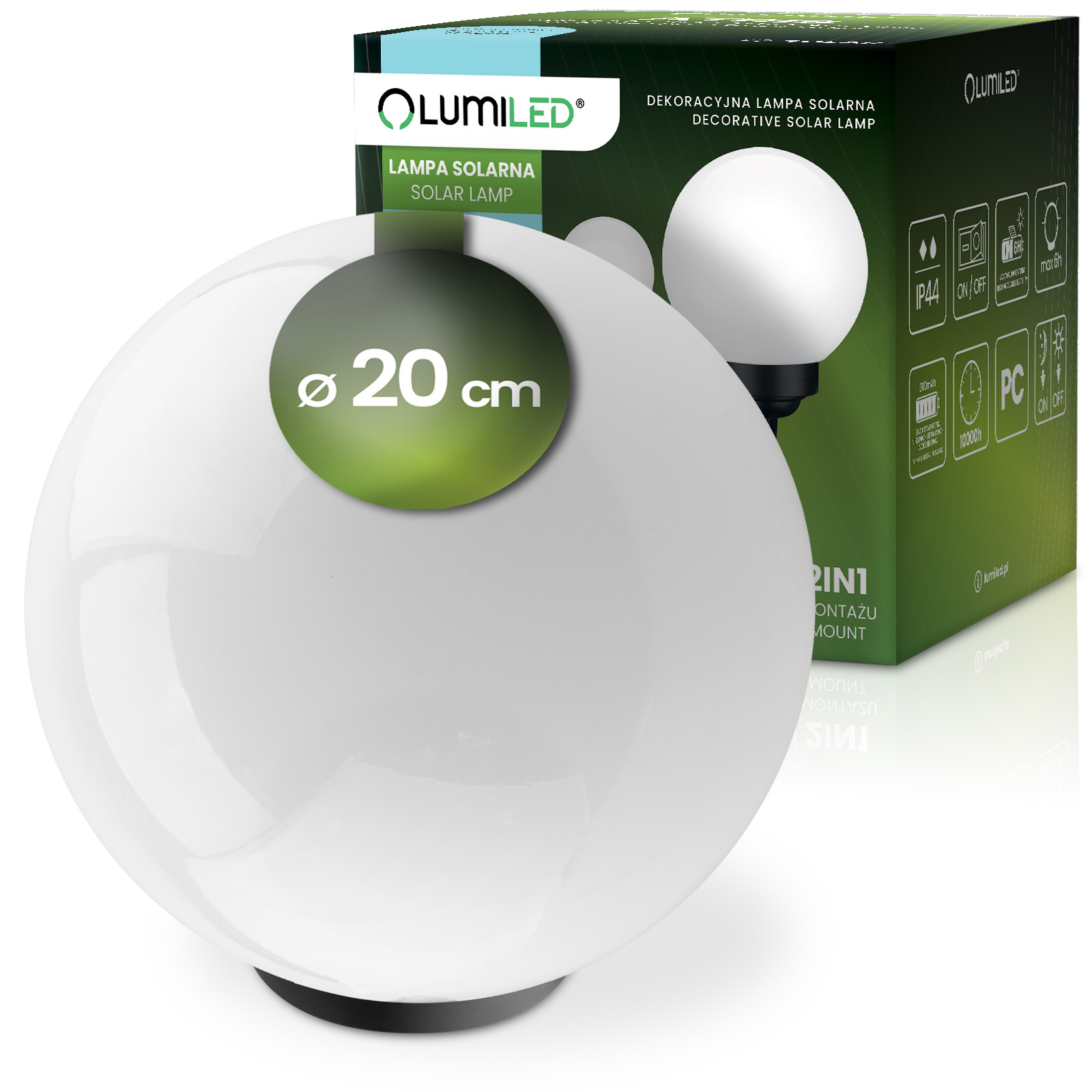 Lampa Solarna Ogrodowa LED 6500K IP44 20cm Wbijana Naziemna Biała Kulka ATRIS LUMILED - główne zdjęcie produktu