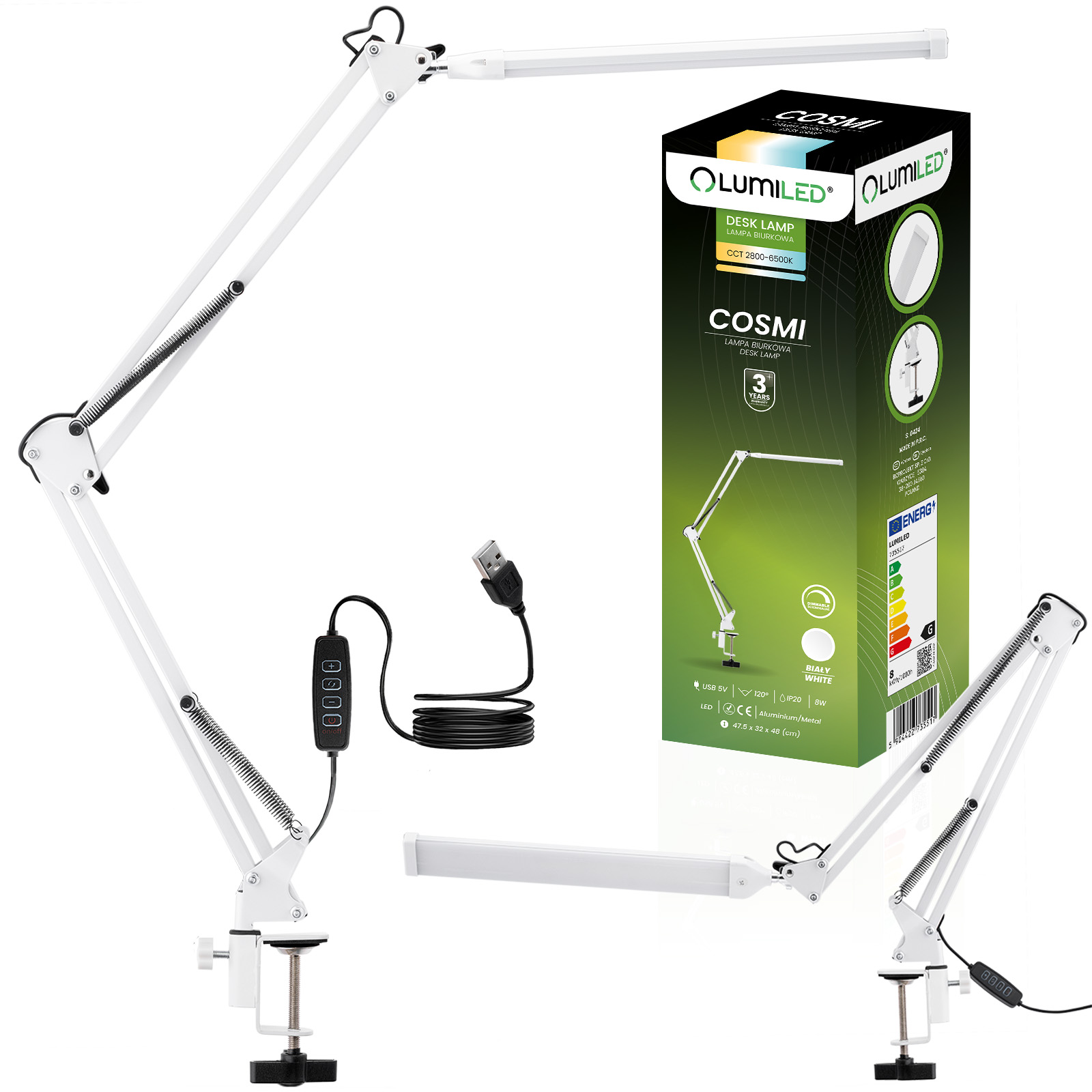 Lampka Biurkowa Kreślarska Stołowa LED 8W CCT USB Ściemnialna COSMI Biała z uchwytem Lumiled - główne zdjęcie produktu