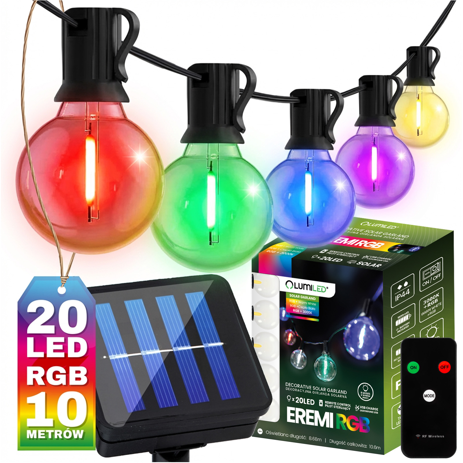 Girlanda Solarna Ogrodowa 20x LED Ozdobne Żarówki G50 10.6m 3000K RGB + Pilot EREMI LUMILED - główne zdjęcie produktu