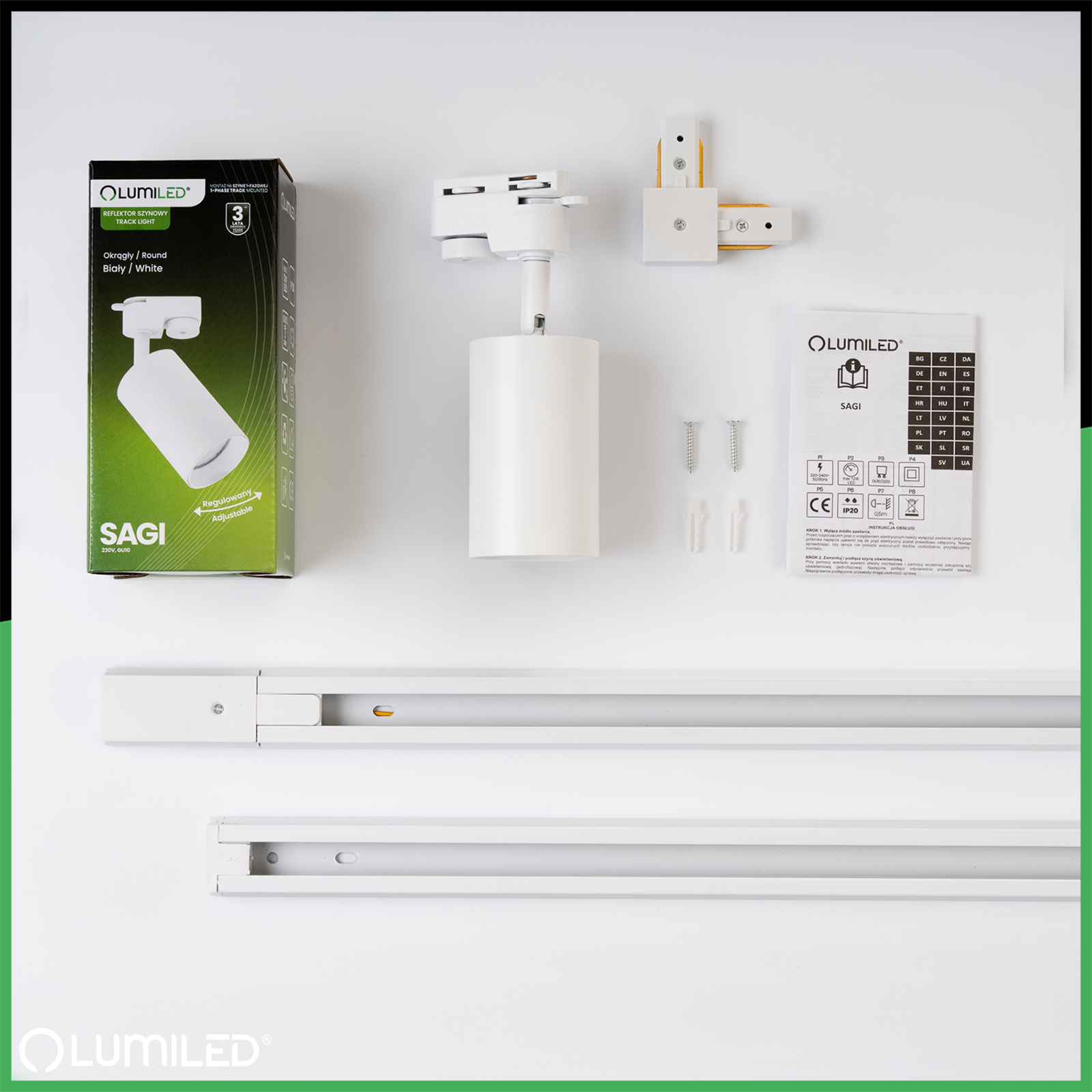 Zestaw Szyna Oświetleniowa Szynoprzewód 3m + 5x Reflektor Szynowy SAGI GU10 Biały + Łącznik L LUMILED - skład produktu