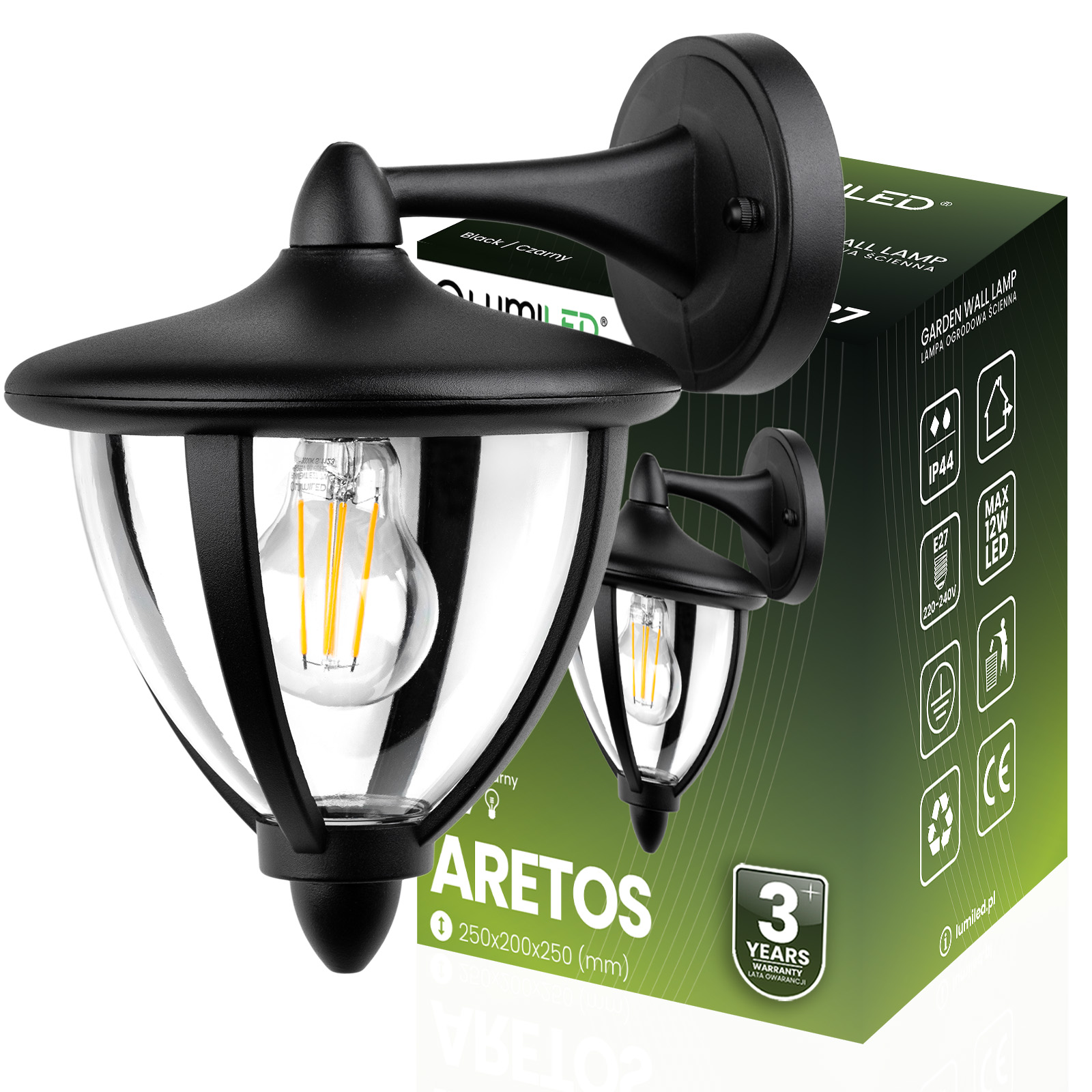 Lampa Ogrodowa Ścienna Zewnętrzna Kinkiet Elewacyjny E27 LED Latarnia Czarna ARETOS LUMILED - główne zdjęcie produktu