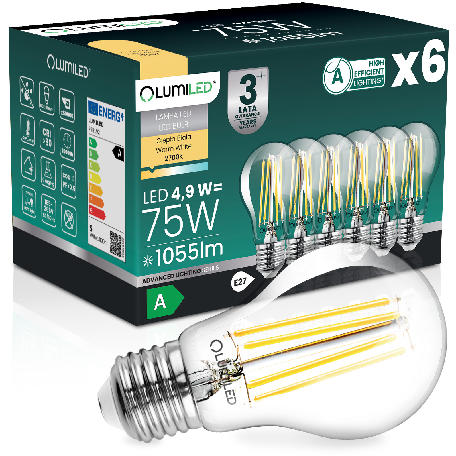6x Żarówka LED E27 A60 4,9W 1055lm = 75W 2700K Ciepła 360° Filament KLASA A LUMILED - główne zdjęcie produktu
